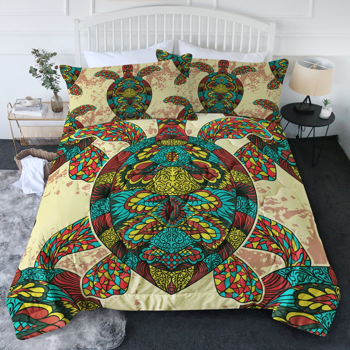 Bohemian Style Sea Turtle Print Comforter Set - King Size Coastal Bedding for Beach House & Boho Bedroom Decor