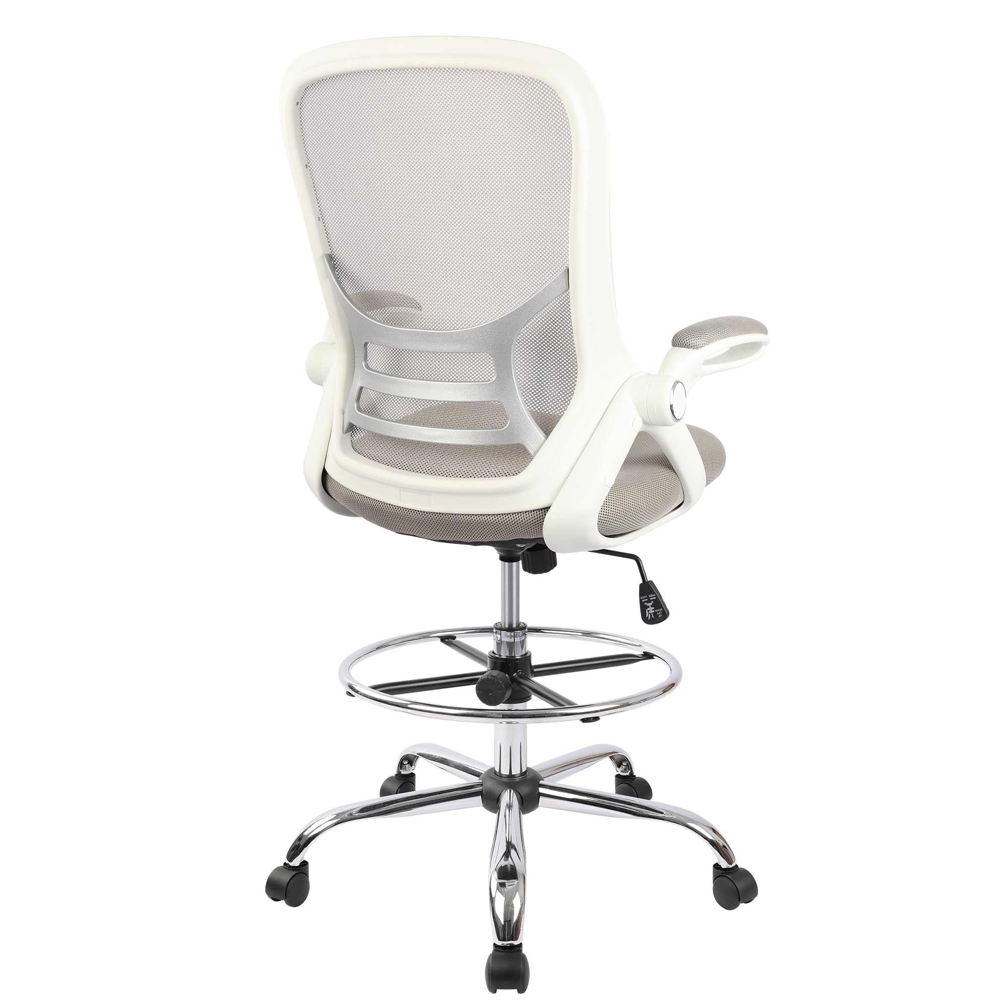 HYLONE Adjustable Drafting Chair - Ergonomic Tall Office Chair with Flip-Up Arms, Mesh High Back & Foot Ring for Standing Desks - White & Grey - Perfect for Architects, Artists & Home Office Workspaces