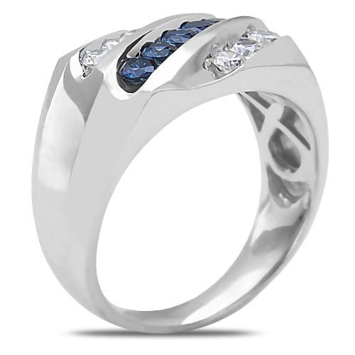 10K Solid White Gold Men's 3 Row Slant Round Shaped 1/2ct Diamond & Sapphire Wedding Band Ring - Elegant Jewelry for Engagement, Anniversary & Special Occasions
