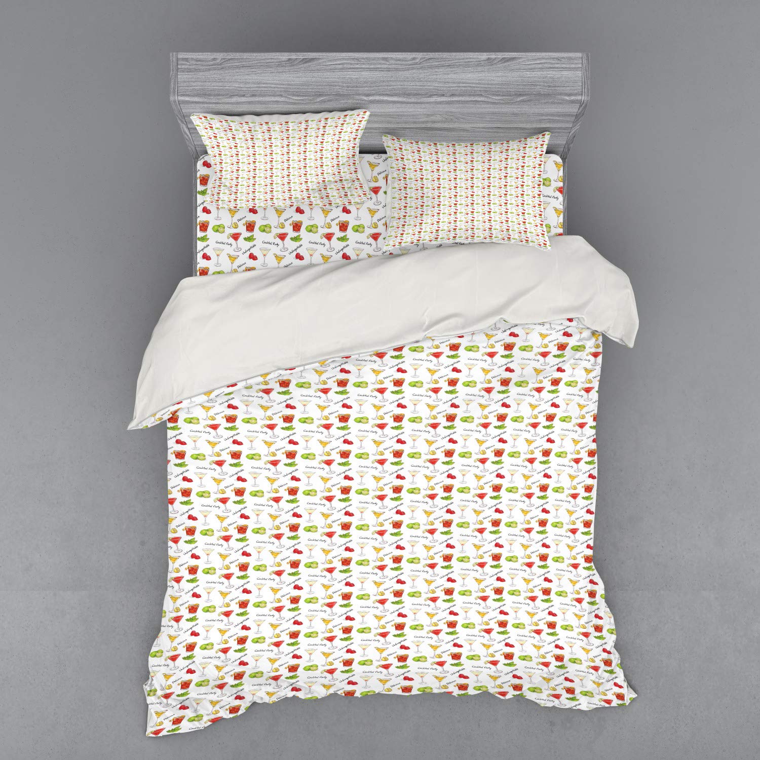 Ambesonne Colorful 4-Piece Duvet Cover Set - Cocktail Theme with Lime, Berries & Mint Design, Queen Size Bedding with Shams & Fitted Sheet | Perfect for Party Themed Bedrooms, Guest Rooms & Fun Home Decor