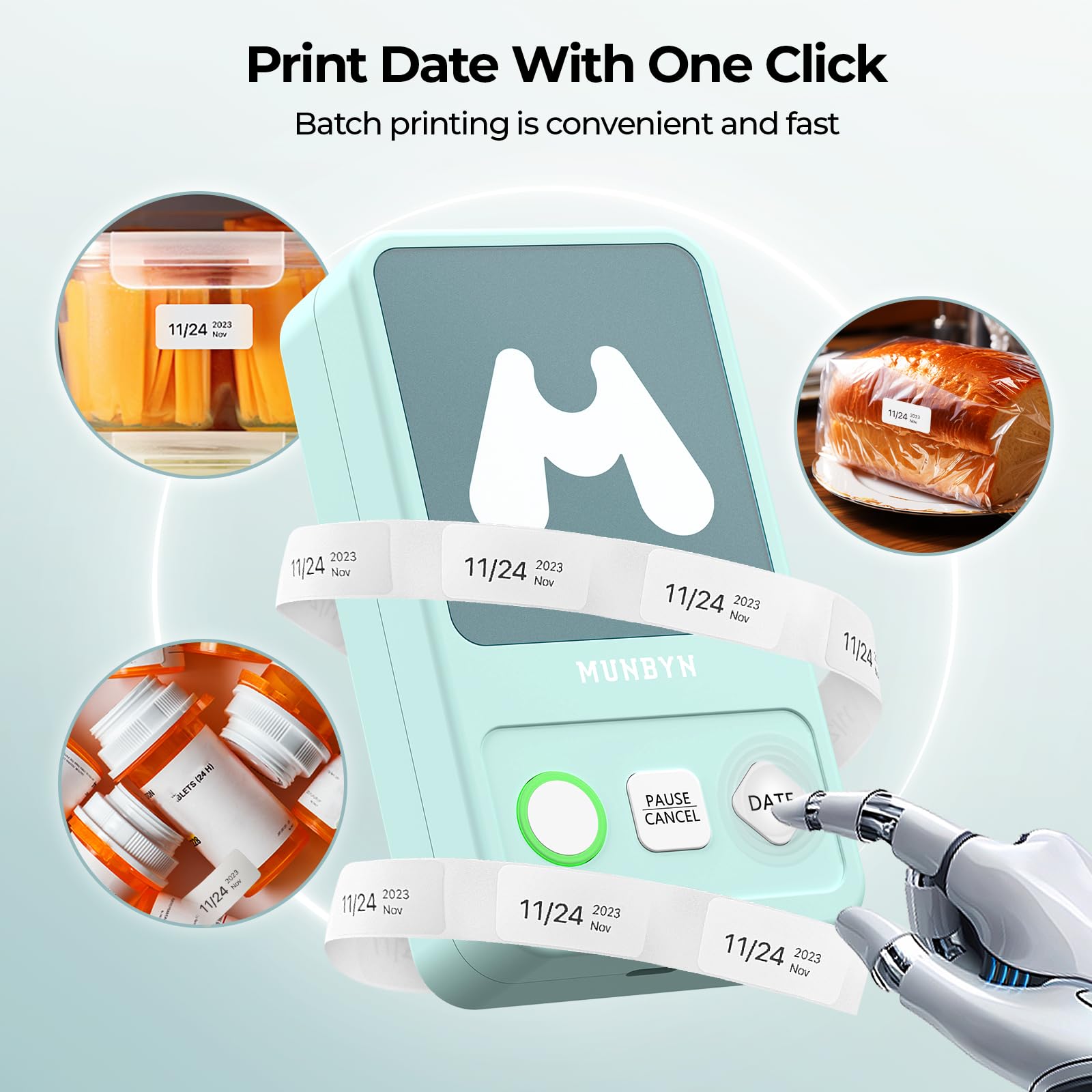 MUNBYN FM520 Bluetooth Label Printer with Tape - Portable Label Maker for Office, Home & Storage, One-Click Date Printing (Green) | Perfect for Organizing Files, Pantry & Craft Supplies
