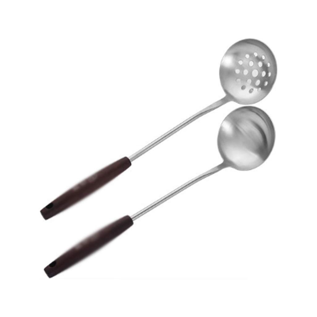 Premium Stainless Steel Hot Pot & Soup Spoon Set - Slotted & Long Handle Kitchen Utensils with Anti-Scalding Wooden Grip - Perfect for Cooking, Serving Soups, Stews, and Asian Cuisine