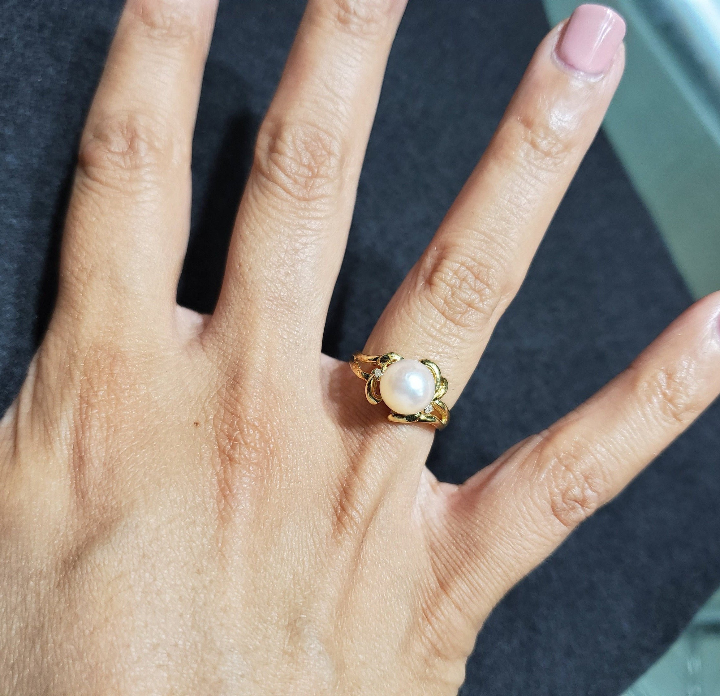 8MM Solitaire Pearl Ring with Diamond Accents in 14k Yellow Gold - Elegant Jewelry for Weddings, Anniversaries & Special Occasions
