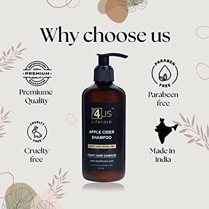 4us Lifecare Apple Cider Vinegar Shampoo with Virgin Coconut Oil & Almond Oil - Gentle Natural Detox Formula for Buildup Removal - Perfect for Damaged Hair & Scalp Care - Daily Use & Color-Treated Hair Safe