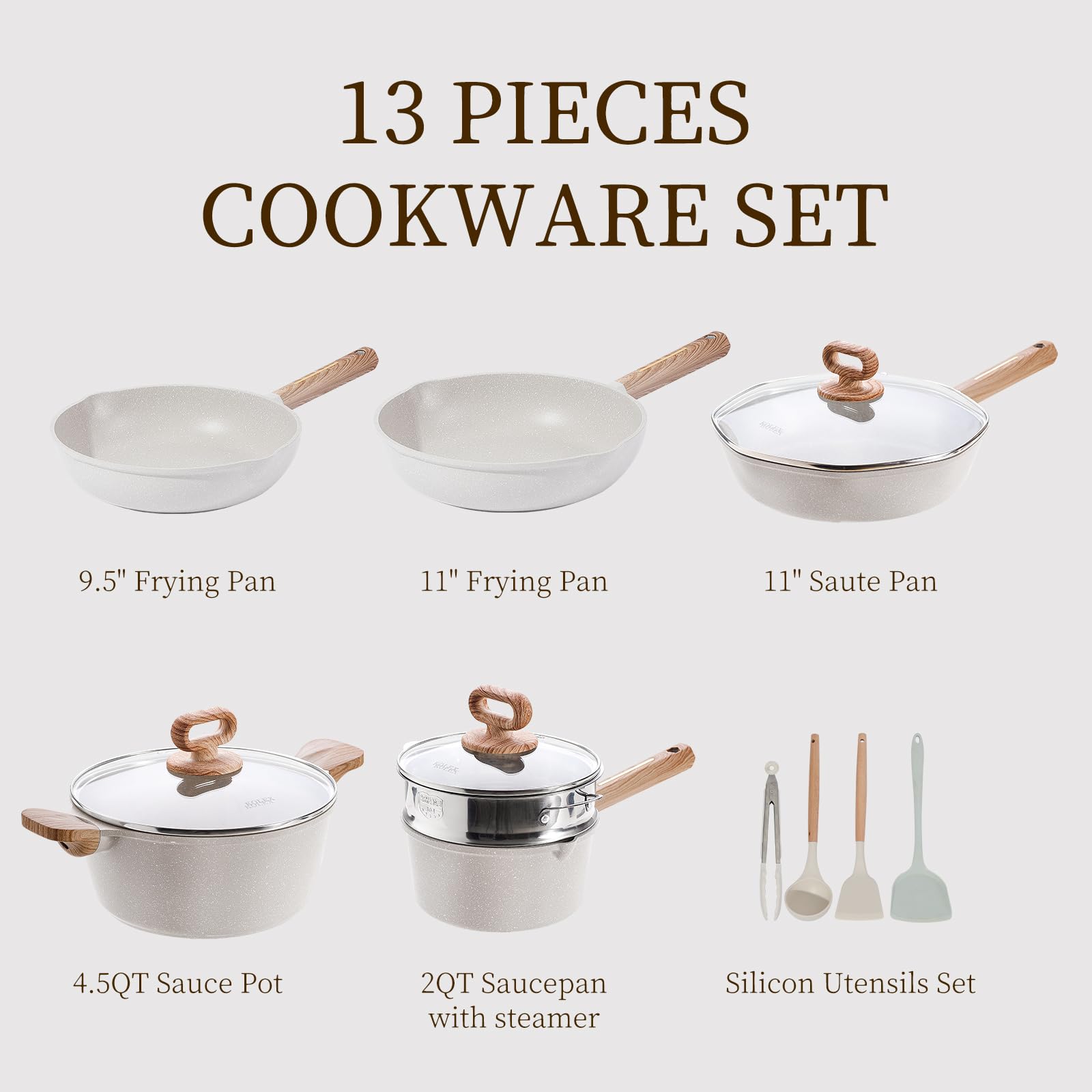 KOLEX 13-Piece Nonstick Cookware Set - White Granite Induction Pots and Pans Set with Frying Pans & Saucepans, PFOA & PFOS Free - Perfect for Home Cooking, Meal Prep & Professional Kitchens