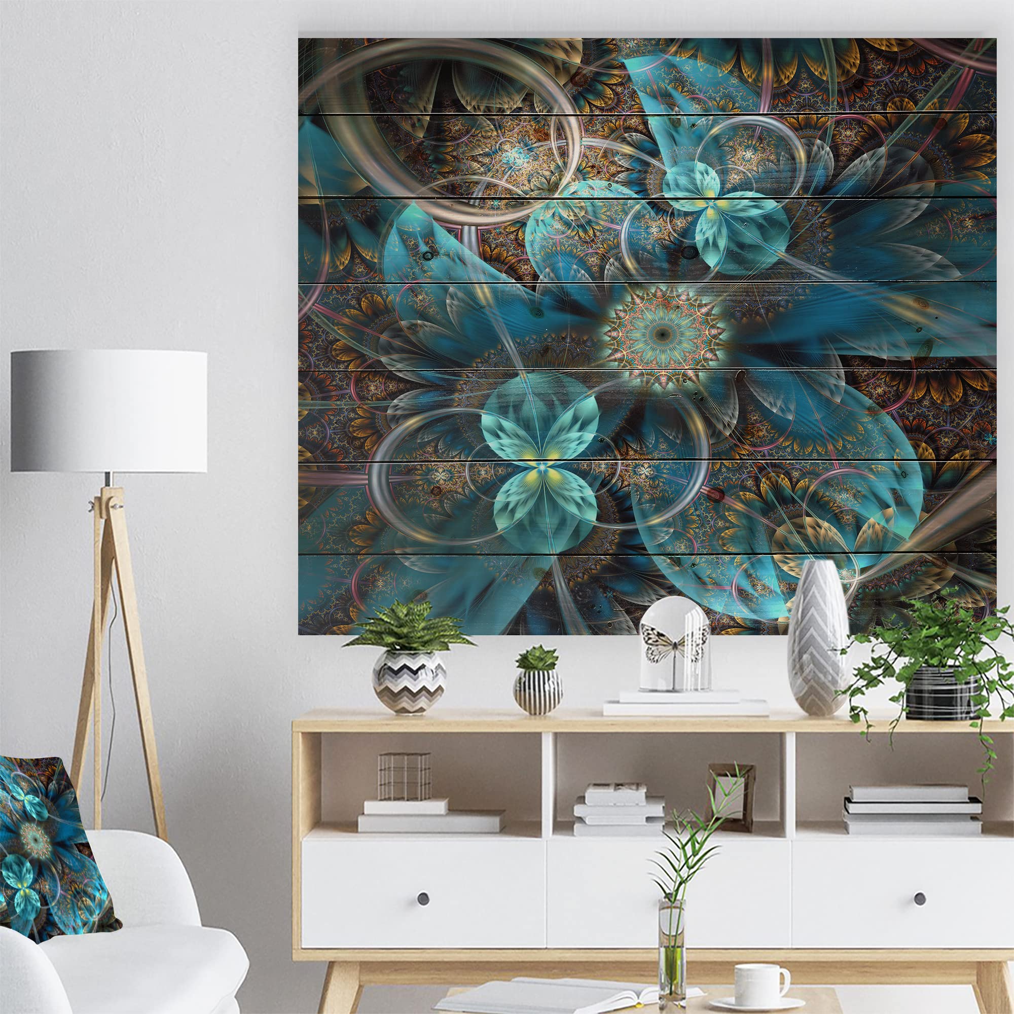 Fractal Blue Flowers Modern Wood Wall Art - Large Floral Wood Panel Decor Printed on Natural Pine - Perfect for Living Room, Bedroom & Office Wall Decoration