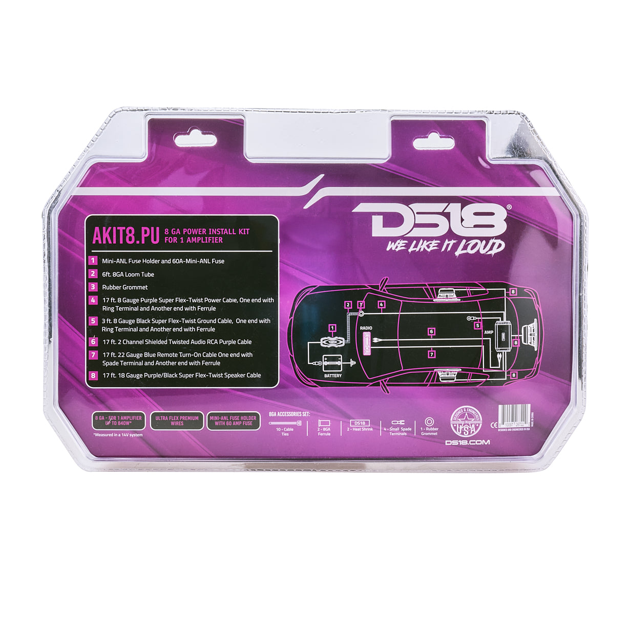 8 GA Amplifier Installation Wiring Kit - Heavy Duty Car Audio Power Cable with Purple Insulation for Amplifiers, Subwoofers, and Car Stereo Systems - Perfect for DIY Car Audio Upgrades and Professional Installations