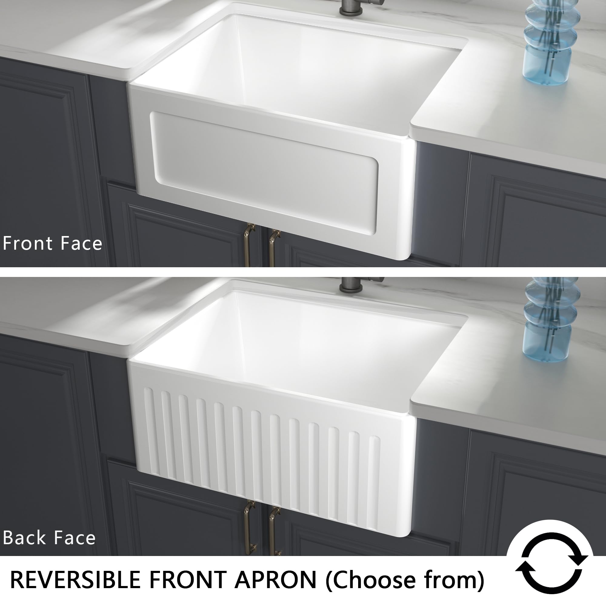 24 Inch White Ceramic Kitchen Sink - Single Bowl Reversible Design with Bottom Grid & Basket Strainer | Durable HERCATE Sink for Modern Farmhouse, RV & Small Kitchen Remodeling