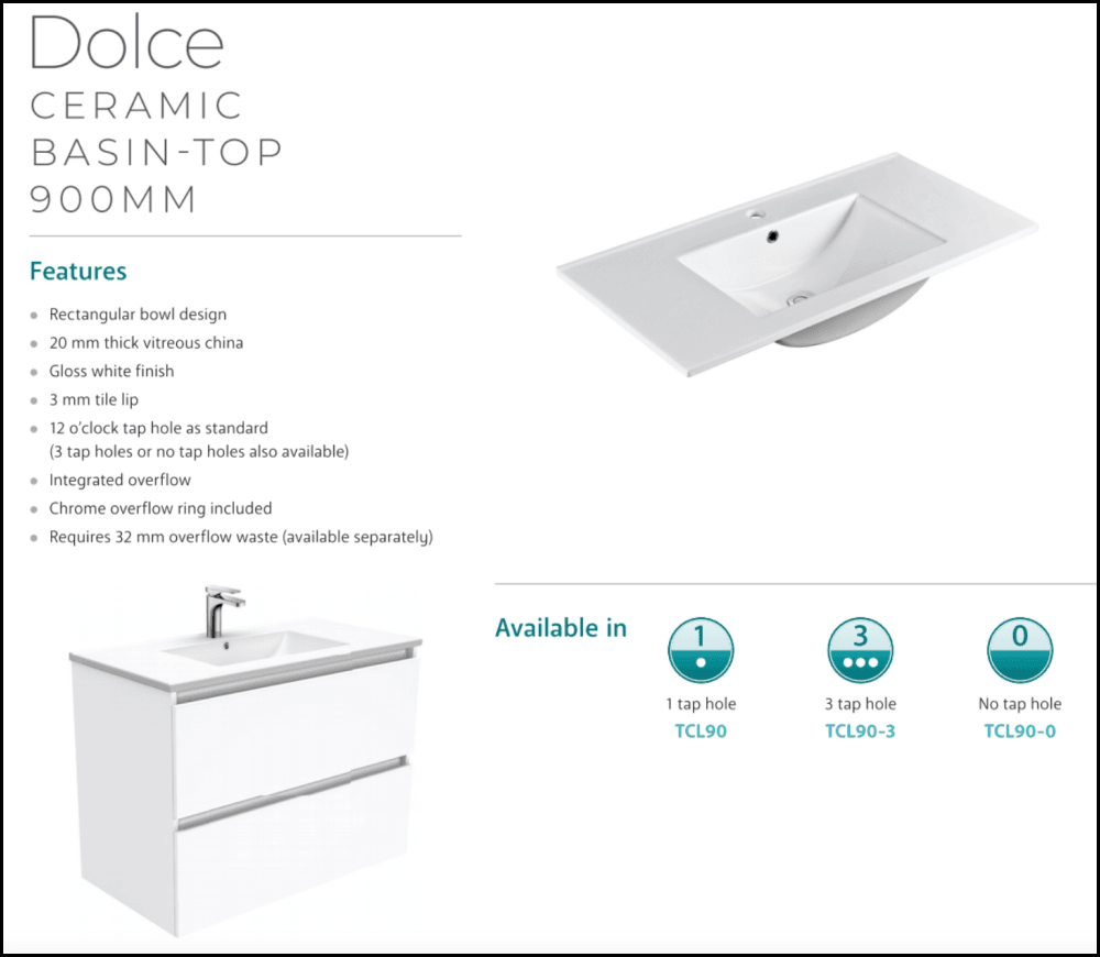 Fienza Dolce Hampton TCL90T 900mm White Wall Mounted Bathroom Vanity Unit with Sink - Modern Space-Saving Design for Small Bathrooms & Powder Rooms