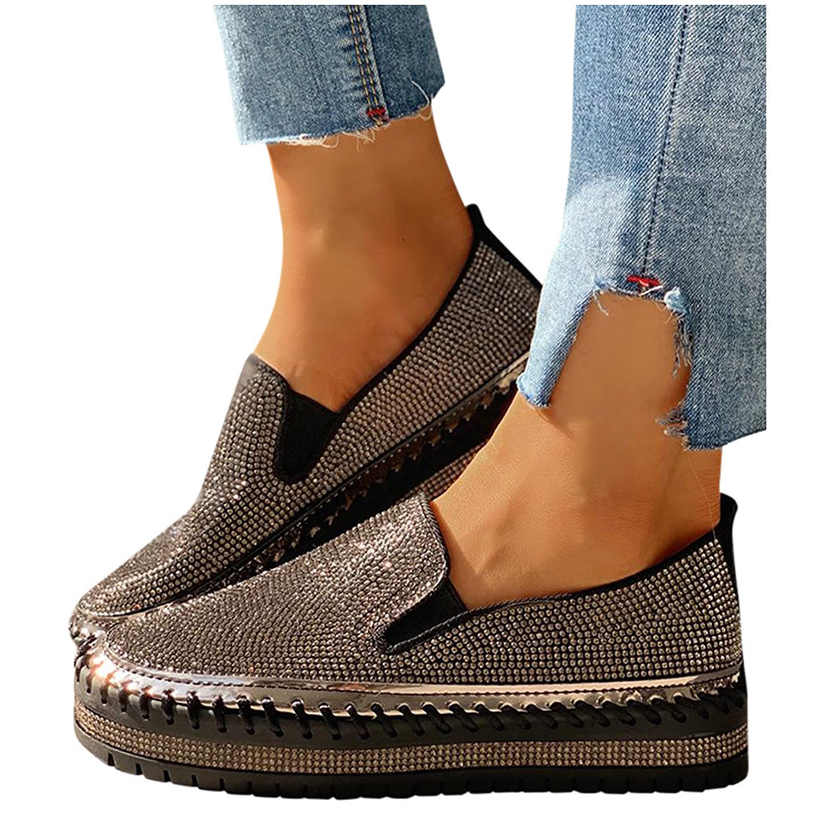 Women's Rhinestone Platform Slip-On Sneakers - Round Toe Low Cut Thick Sole Slip On Shoes for Walking, Skating & Casual Wear | Comfortable Flats for Everyday Use