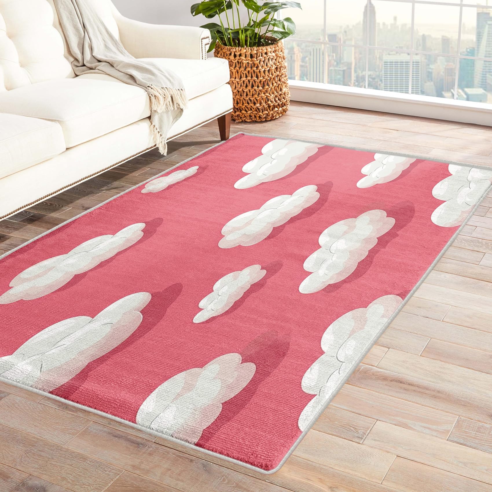 Soft Washable 5x7 Non-Slip Low Pile Area Rug - Cloud Design Kids Nursery Rug for Living Room & Bedroom Decor | Indoor Floor Carpet for Playroom, Dorm, and Home Decorations