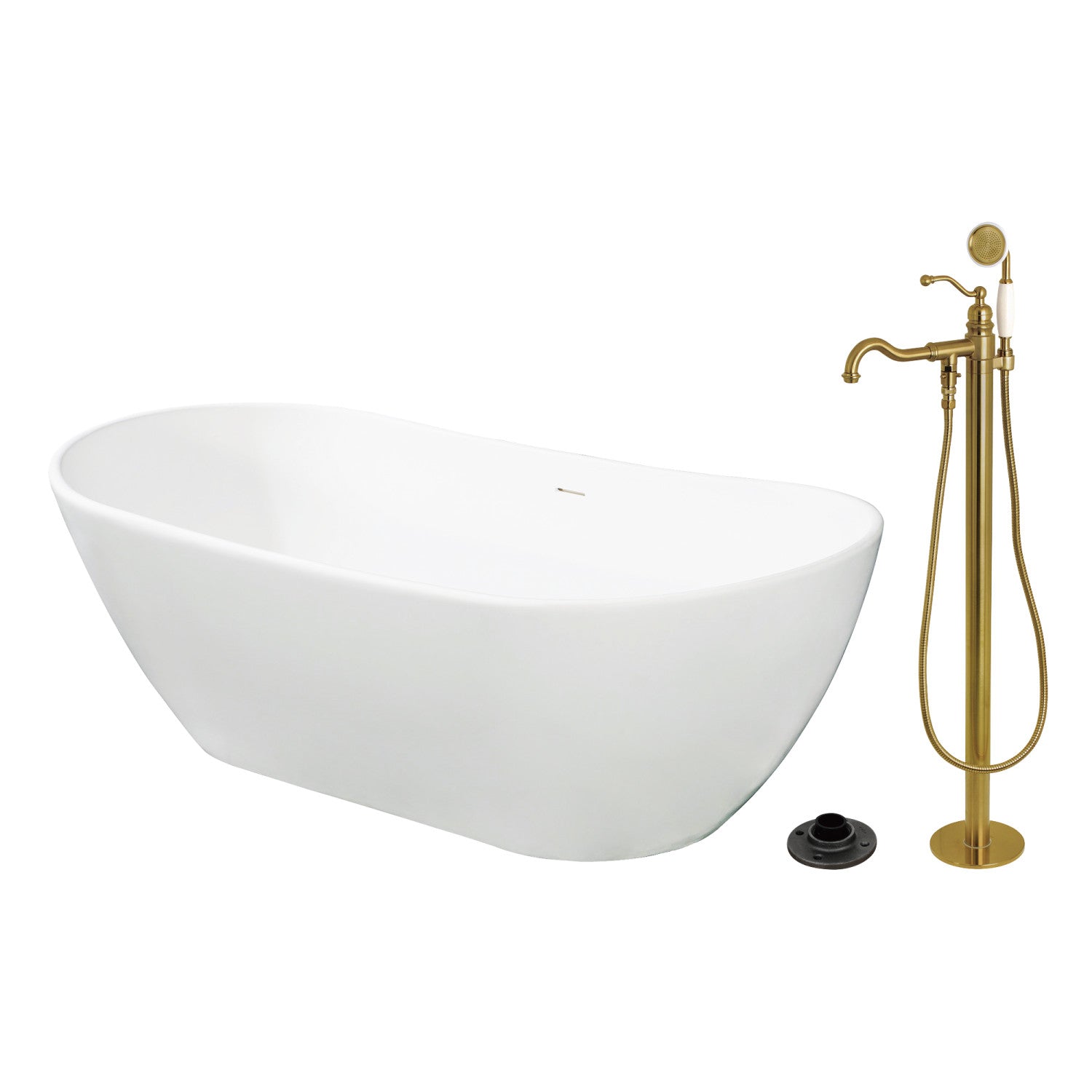 Arcticstone 72 Inch Freestanding Oval Bathtub with Brushed Brass Faucet - Solid Surface Double Ended Soaking Tub for Luxury Bathroom & Spa Relaxation at Home