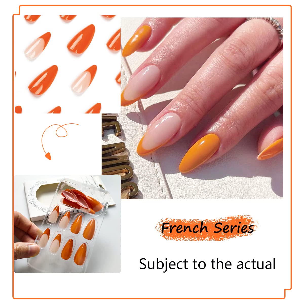 24Pcs French Orange Tips Almond Press on Nails - Medium Acrylic False Nails with Self Adhesive for Women & Girls | Fall Nail Art Supplies, Full Cover Fake Nails for Autumn Parties & Special Occasions