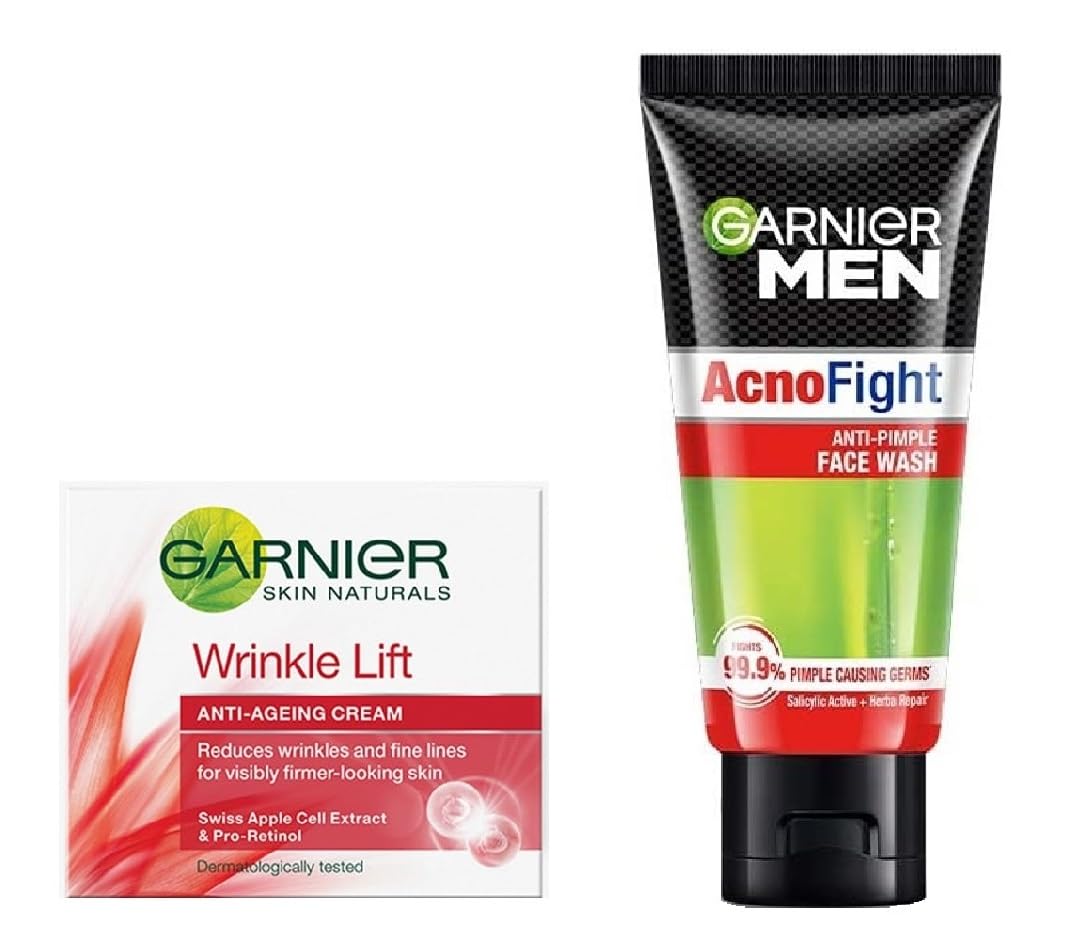 Garnier Men Acno Fight Anti-Pimple Face Wash 50g & Anti-Aging Wrinkle Cream 40g Set - 2-in-1 Skincare Combo for Men - Perfect for Daily Acne Treatment & Anti-Wrinkle Care