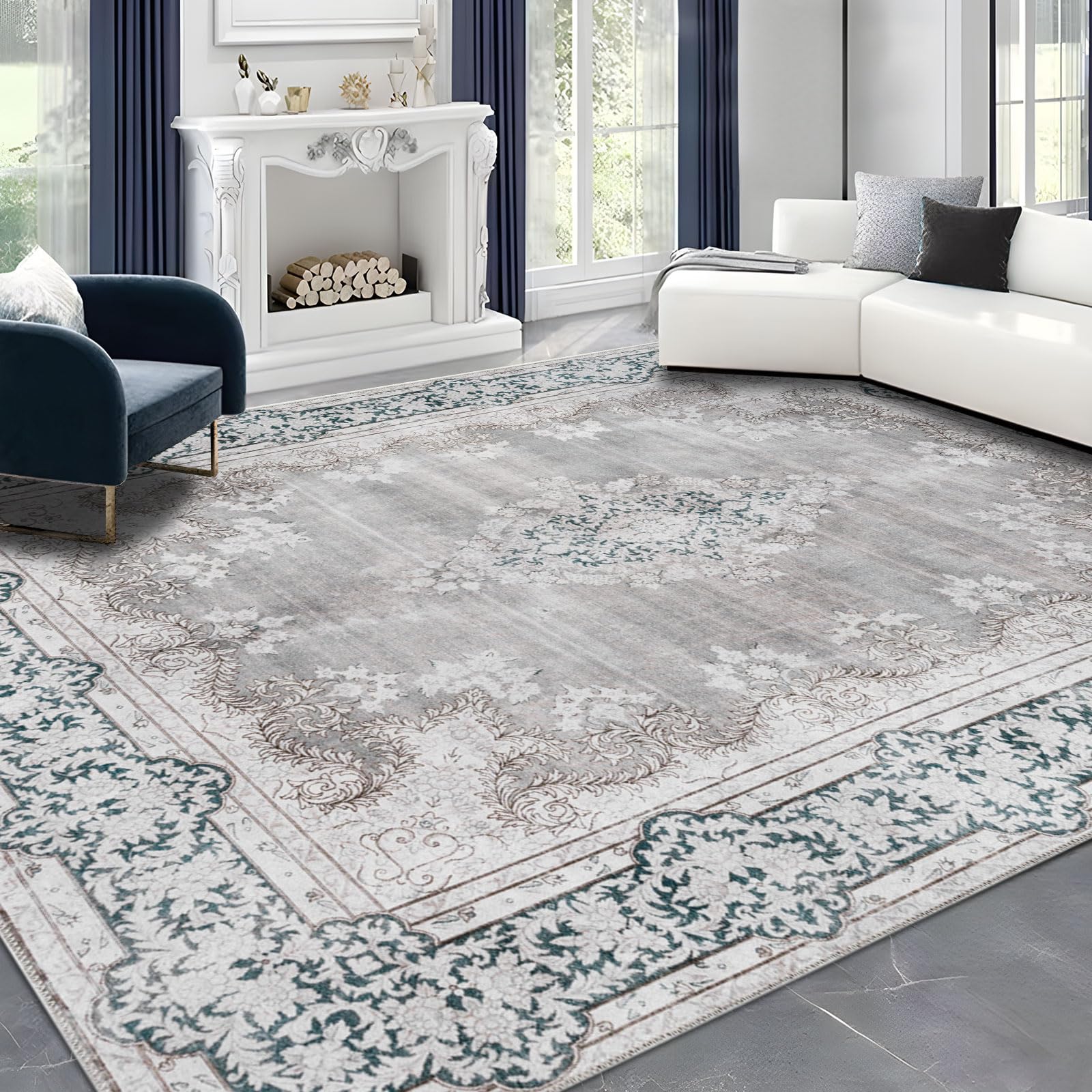 DECOMALL Machine Washable 8x10 ft Grey Area Rug - Non-Slip Indoor Carpet with Rubber Backing for Living Room, Bedroom, Bathroom | Vintage Boho Floral Design | Perfect for Home Decor, Dorm, Office & High Traffic Areas