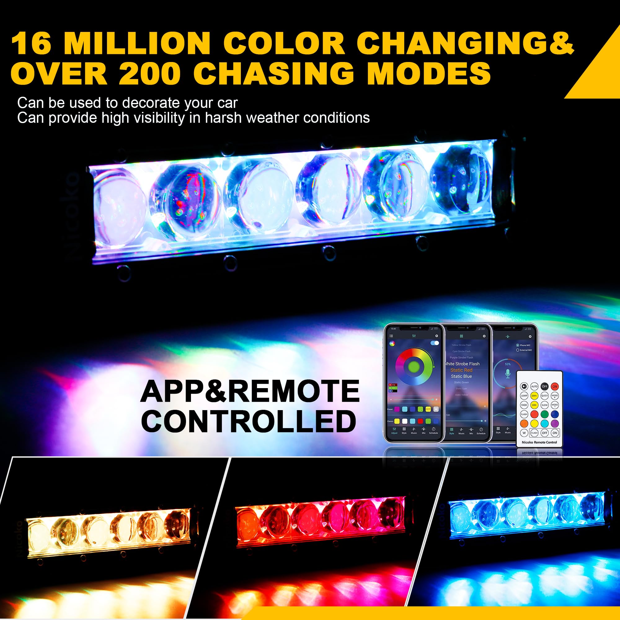 Nicoko 7-Inch Single Row LED Light Bar - Ultra-Thin 30W (5W/LED) Super Bright Color Changing Off-Road Lights with Bluetooth App & Remote Control - Perfect for Trucks, ATVs, UTVs, SUVs (Pack of 2) - Ideal for Night Driving, Off-Road Adventures & Emergency Lighting