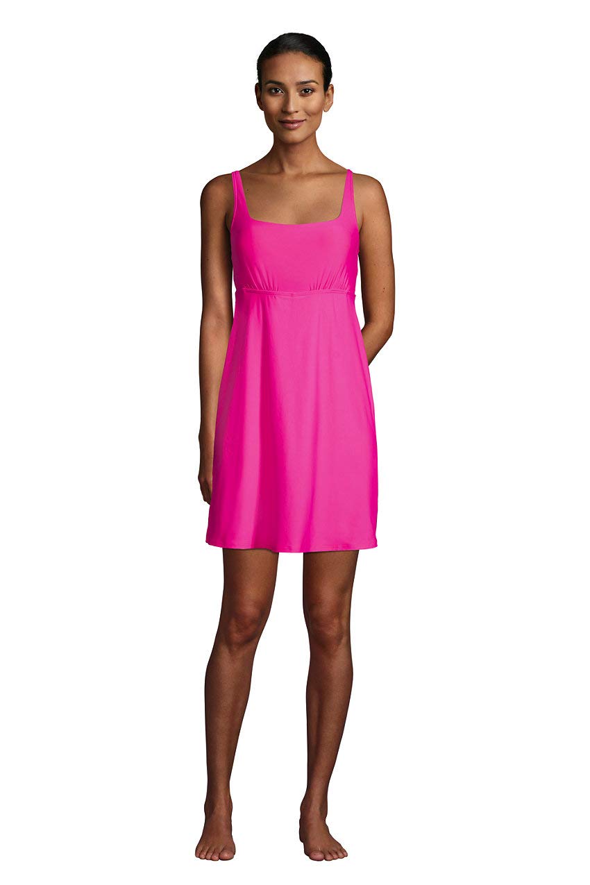 Lands' End Women's Chlorine Resistant Tummy Control Square Neck Swim Dress One Piece Swimsuit with Shorts - Perfect for Beach, Pool, Vacation & Water Aerobics