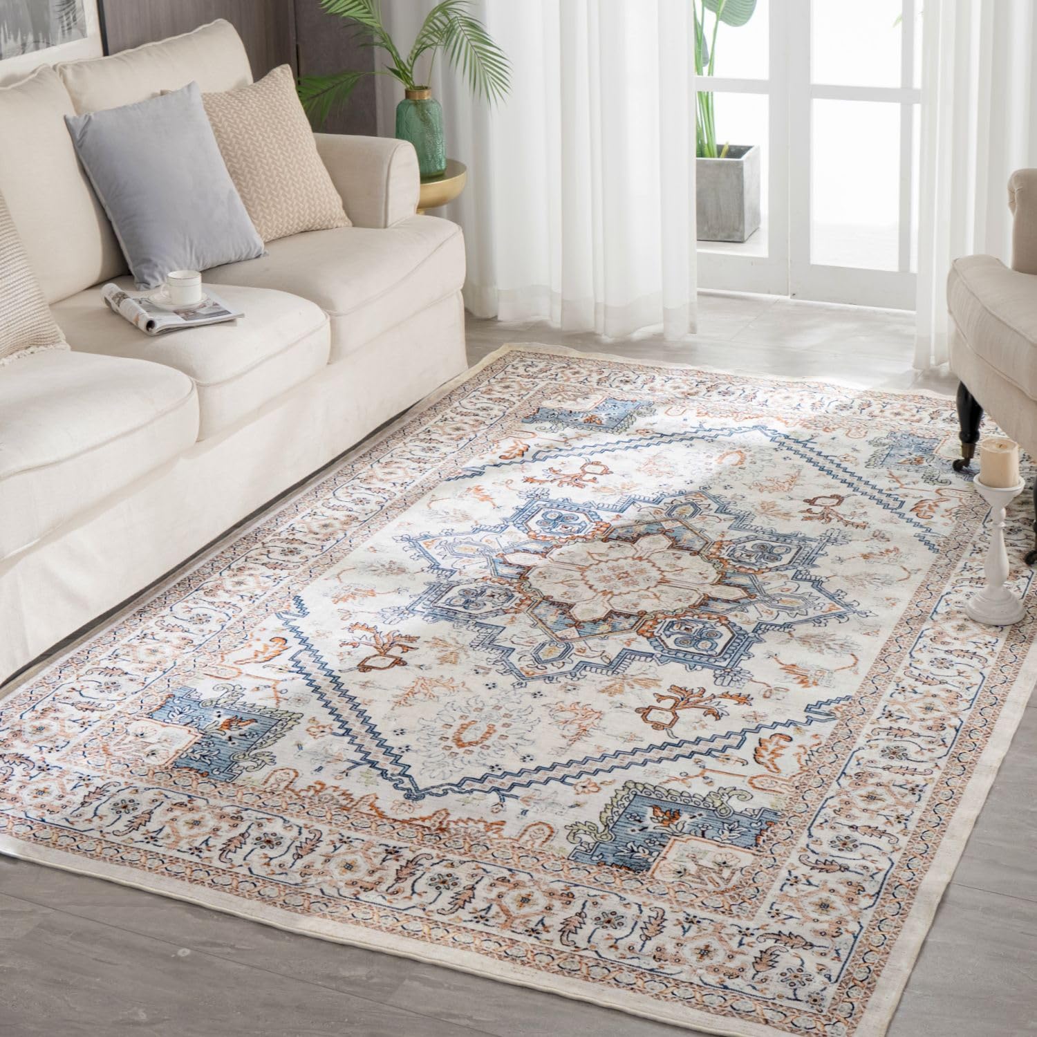 Syalife 3x5 Washable Low Pile Non-Slip Area Rugs for Living Room, Bedroom, Entryway & Kitchen - Non-Shedding Soft Carpet in Beige, White & Blue - Perfect for Home Decor, Pet-Friendly Spaces & High-Traffic Areas