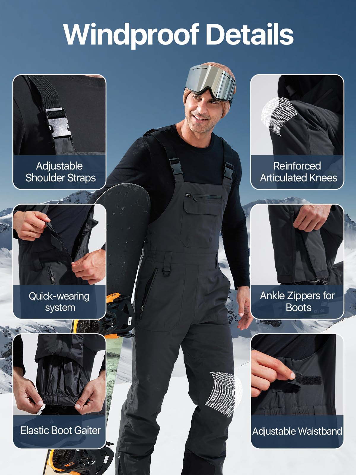 FREE SOLDIER Men's Waterproof Insulated Snow Bibs - Windproof Softshell Ski Pants for Winter Sports, Snowboarding & Cold Weather Outdoor Activities