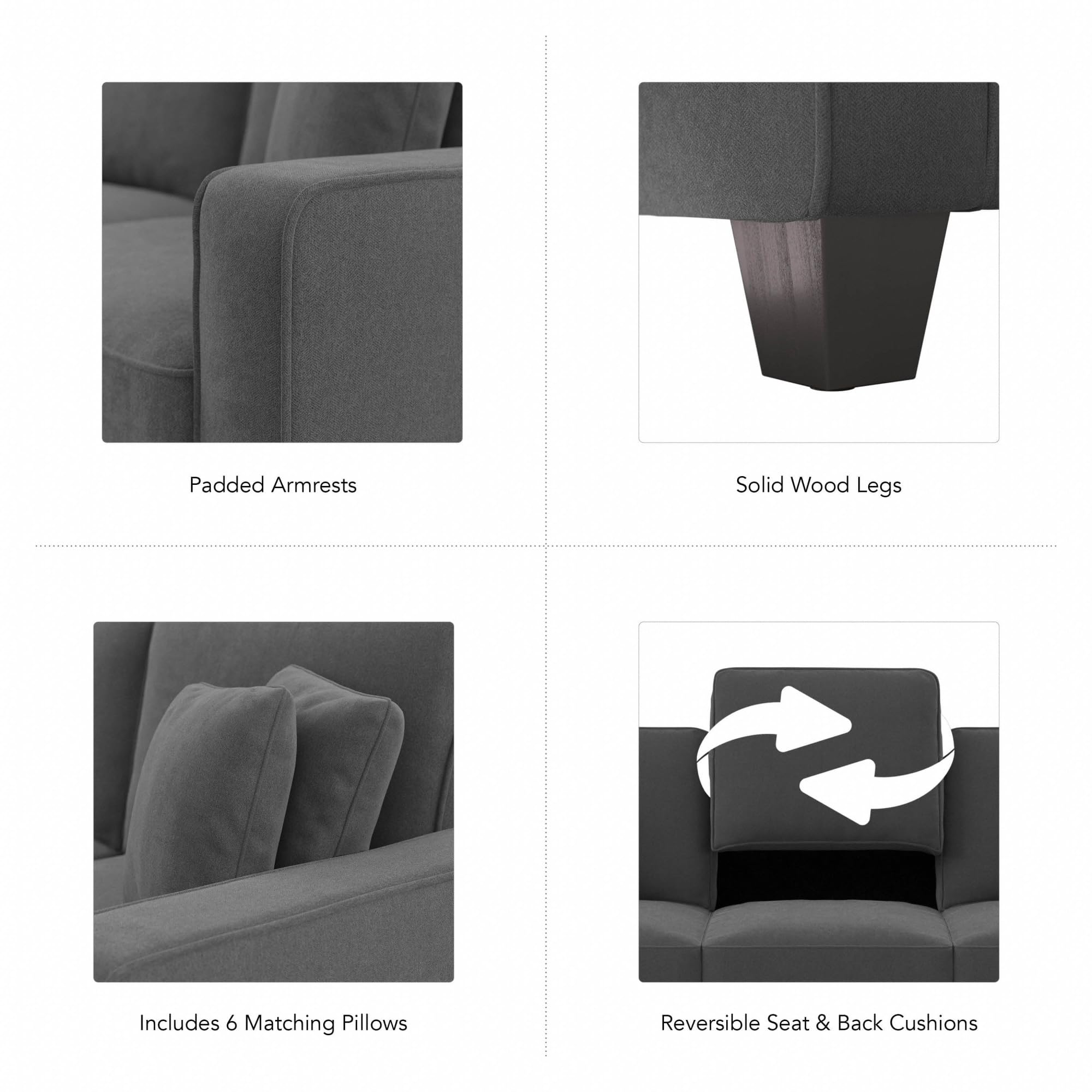 Bush Furniture 113 Inch U-Shaped Sectional Sofa - Modern Living Room Couch with Pet-Friendly Fabric, Stockton Collection in Charcoal Gray Herringbone | Perfect for Family Gatherings & Home Theater Seating