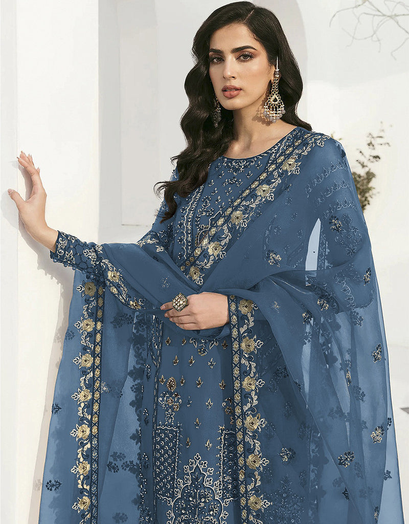 Elegant Blue Faux Georgette Pant Pakistani Suit Set - Traditional Ethnic Wear for Women - Perfect for Weddings, Parties & Special Occasions