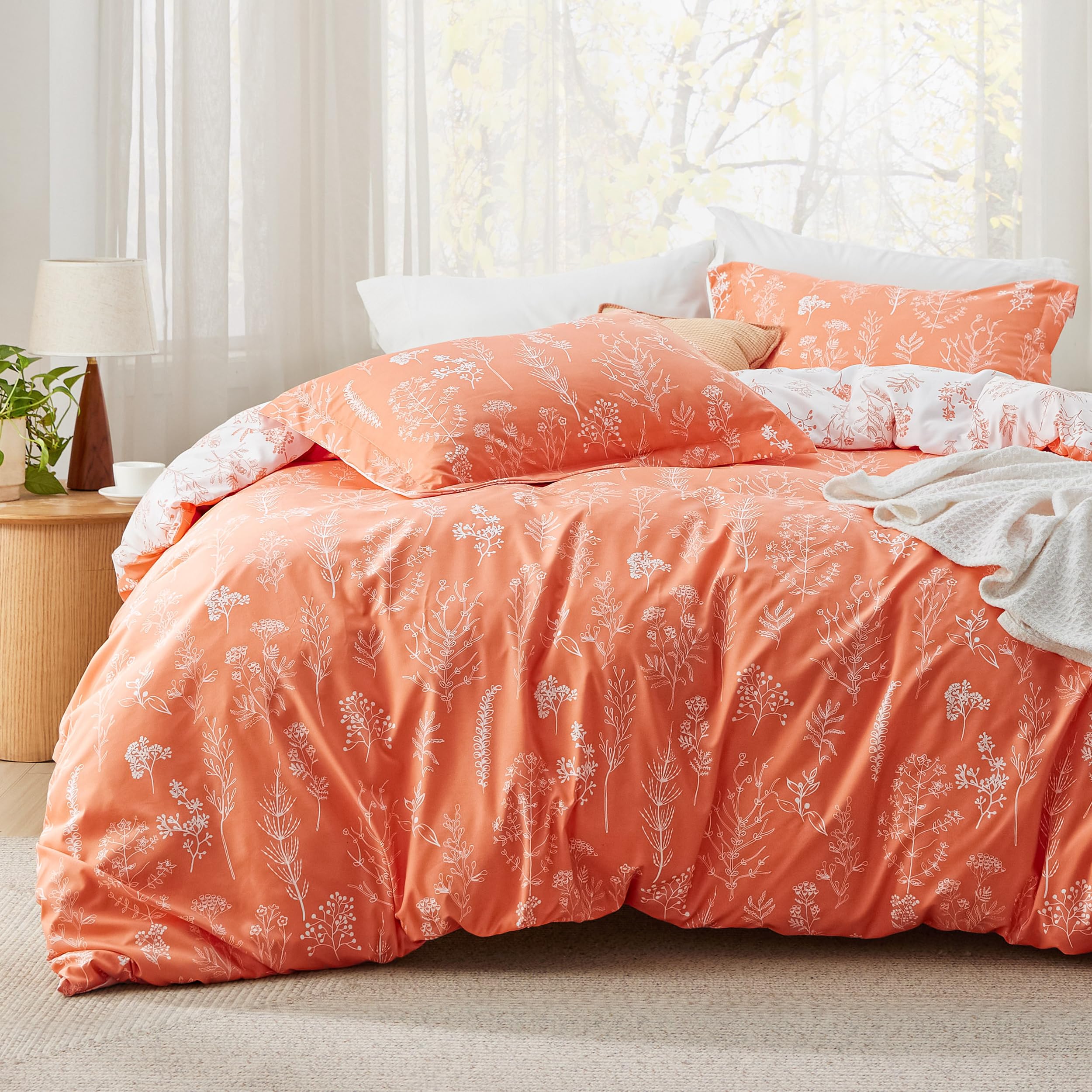 Bedsure Twin Comforter Set - Coral Orange Floral Bedding Set, 2 Pieces Reversible Botanical Flowers Comforter & Pillow Sham | Soft & Cozy for Kids, Teens & Guest Rooms | Perfect for Spring & Summer Decor