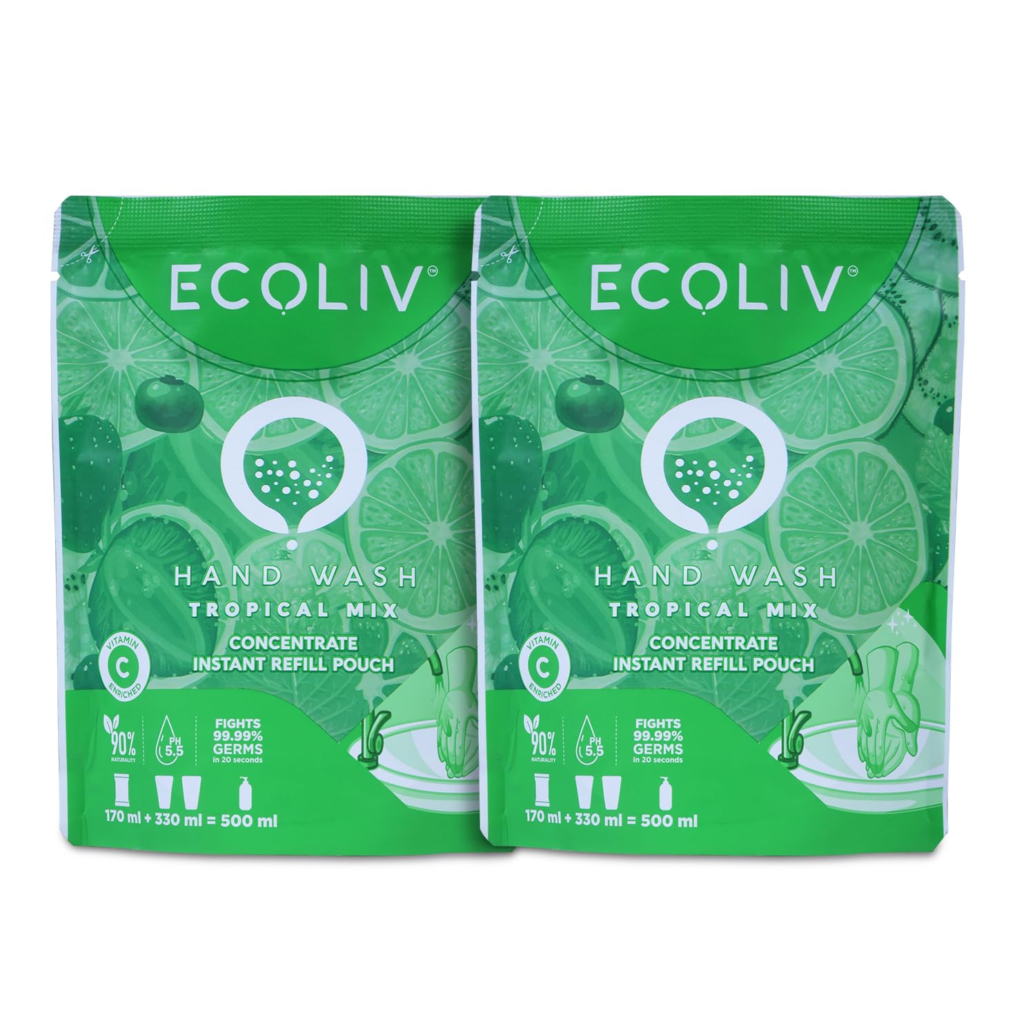 Ecoliv Tropical Scent Hand Wash Refill Pouch 1L (Pack of 2) | 170ml Concentrate Liquid Soap | pH 5.5 Gentle Formula | Mix with Water for Instant Foaming Hand Wash | Perfect for Kitchen, Bathroom & Office Use