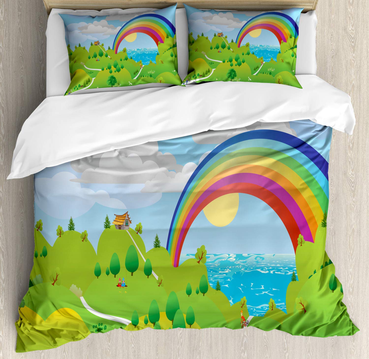 Ambesonne Gnome Duvet Cover Set - Surreal Landscape Rainbow Clouds Ocean Forest Design, 3 Piece Queen Size Bedding Set with 2 Pillow Shams, Multicolor - Perfect for Bohemian Bedroom Decor & Fantasy Themed Rooms
