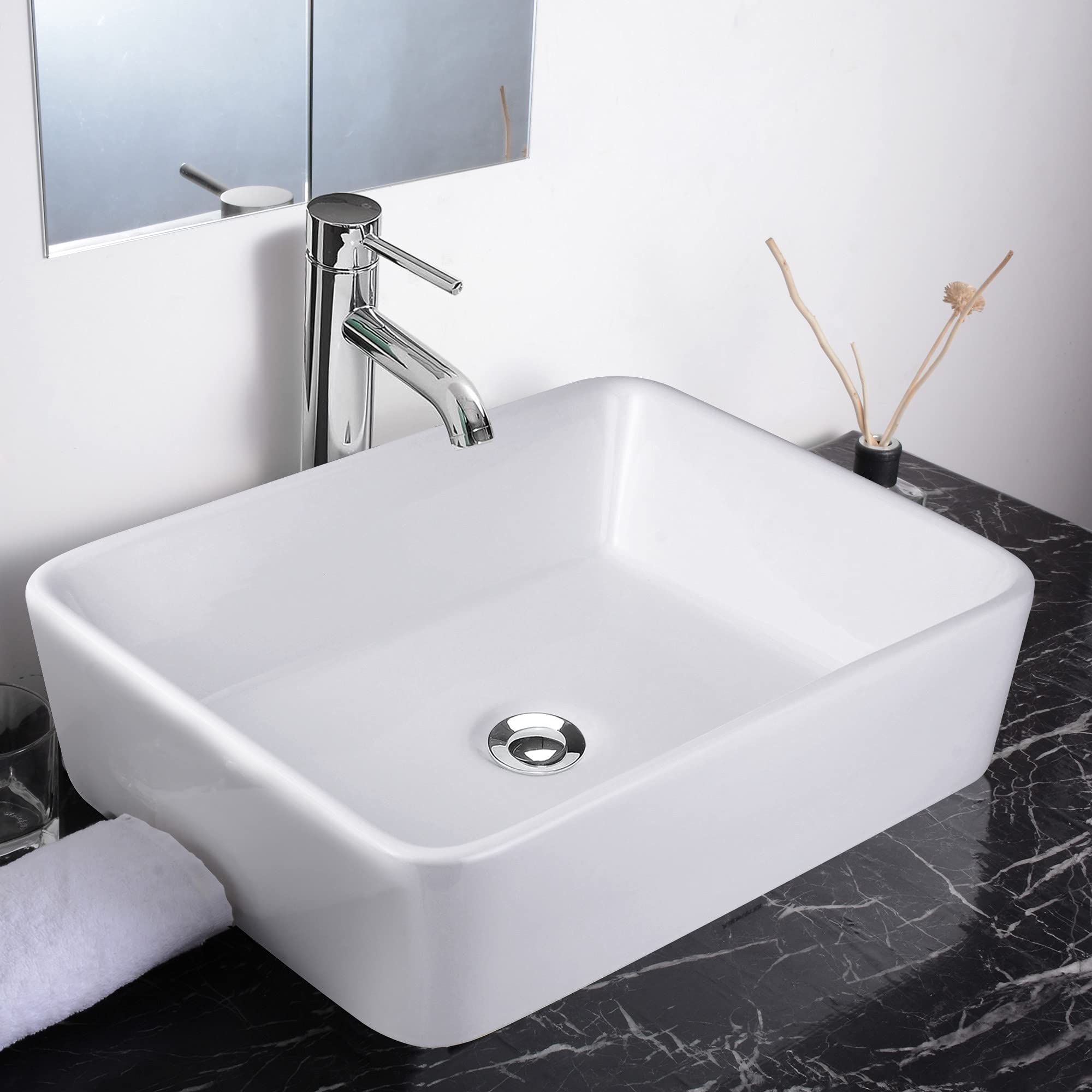 Aquaterior 2 Pack White Rectangle Porcelain Vessel Sink - Modern Above Counter Bathroom Sink with Pop-Up Drain - Ceramic Wash Basin for Vanity, Powder Room & Guest Bathroom