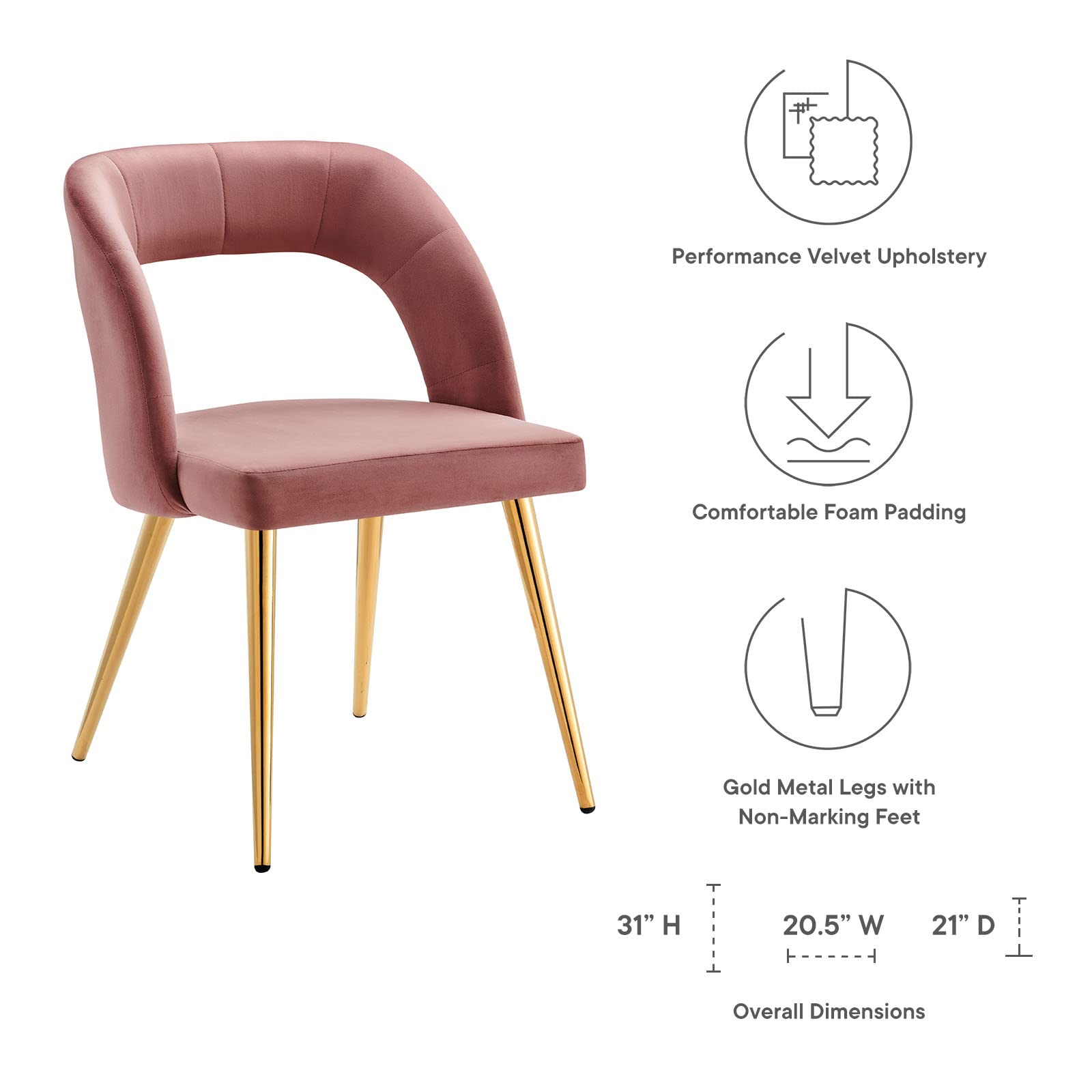 Modway Performance Velvet Dining Chairs - Set of 2, Gold Dusty Rose Upholstered Seats for Kitchen, Dining Room & Home Decor