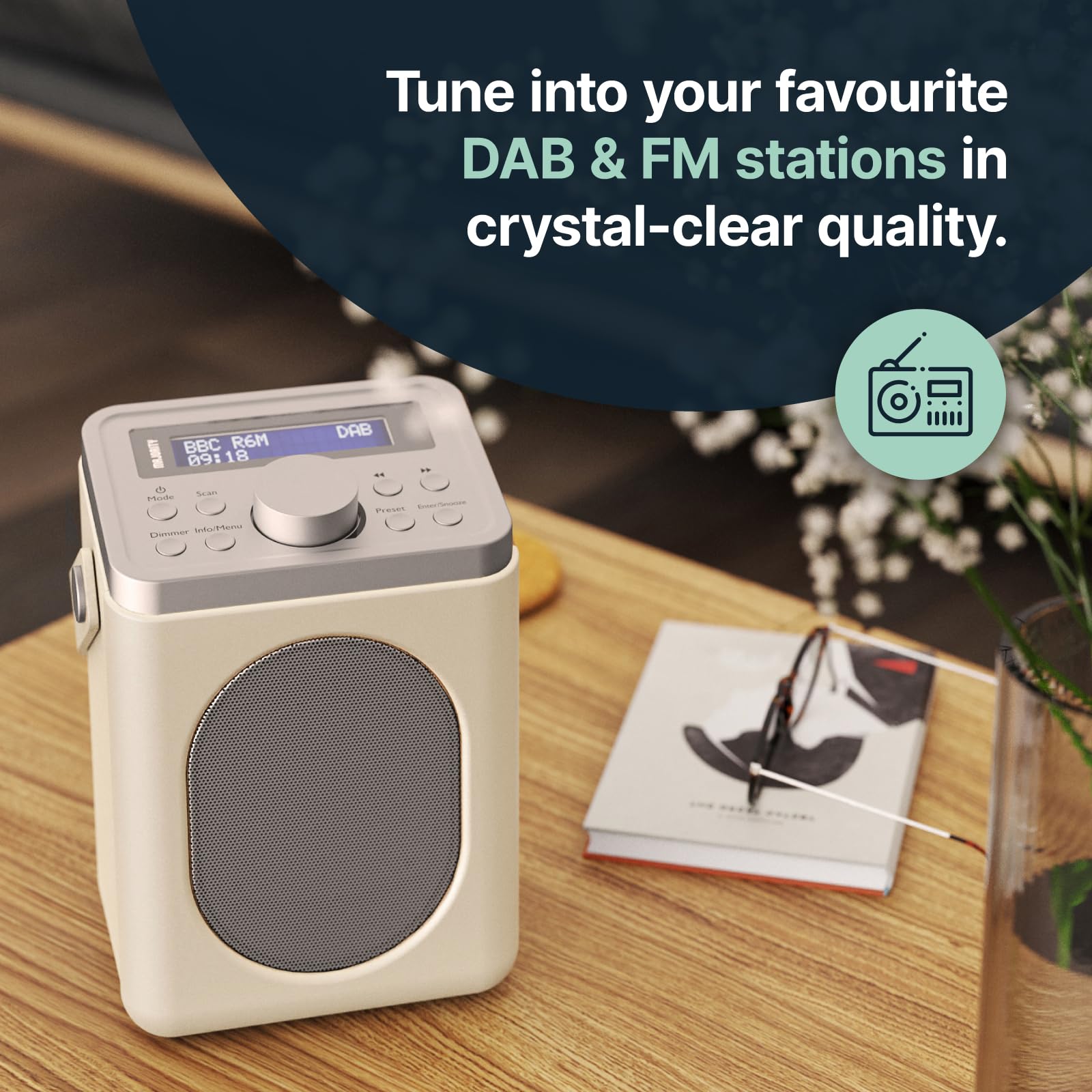 Portable DAB+ Digital Radio with Bluetooth 5.0 | 15-Hour Rechargeable Battery & AC Power | Dual Alarm Clock with Snooze | 20+ Presets, FM Tuner, LED Display, 3.5mm Headphone Jack | MAJORITY Little Shelford (Cream Grey) | Perfect for Bedroom, Kitchen, Office & Travel