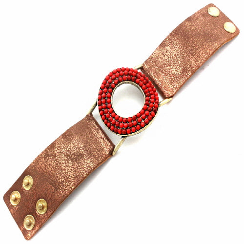 Donut Leather Bracelet for Women - Coral Red Adjustable Wrap Bracelet, Boho Chic Handmade Jewelry Gift for Everyday Wear & Special Occasions