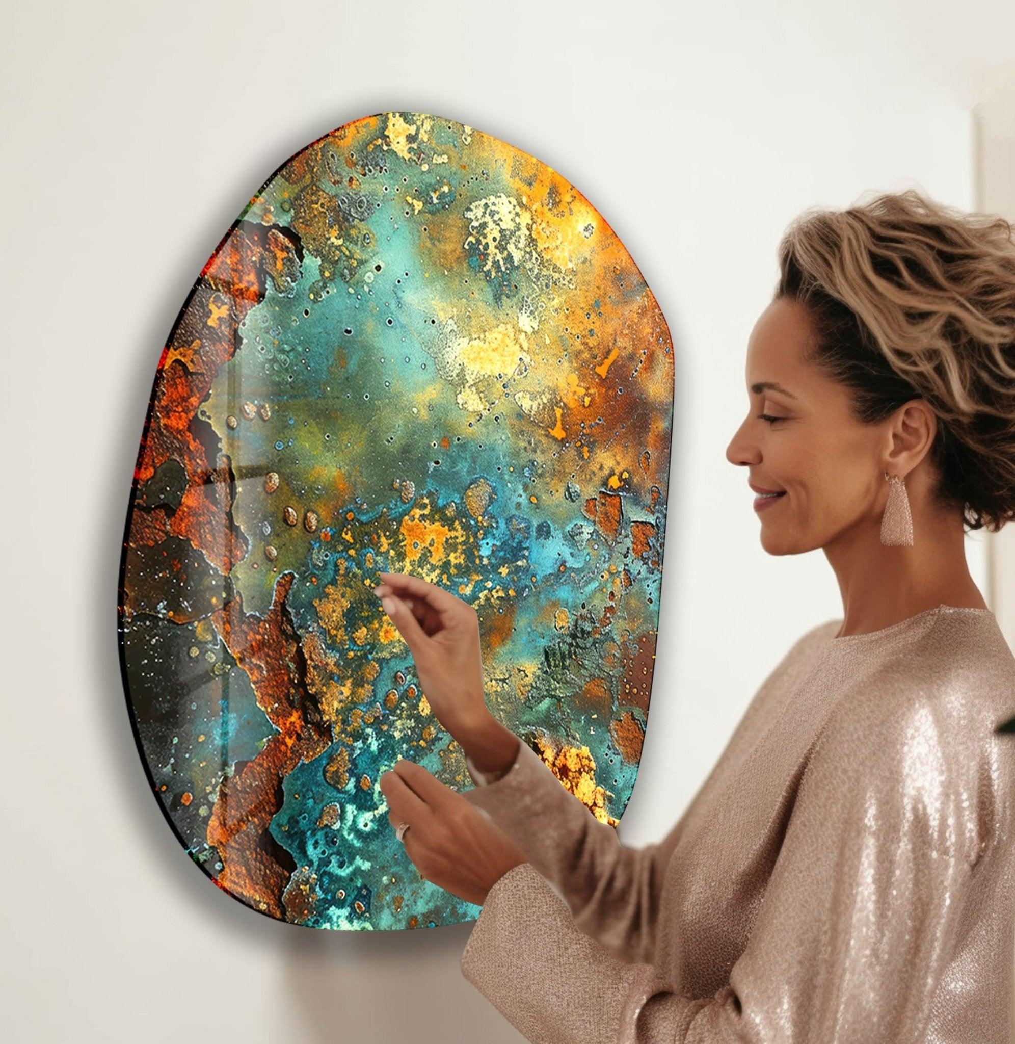 Abstract Green & Copper Oval Glass Wall Art - Modern Home Decor for Living Room, Bedroom & Office - Handmade Glass Artwork for Unique Interior Design