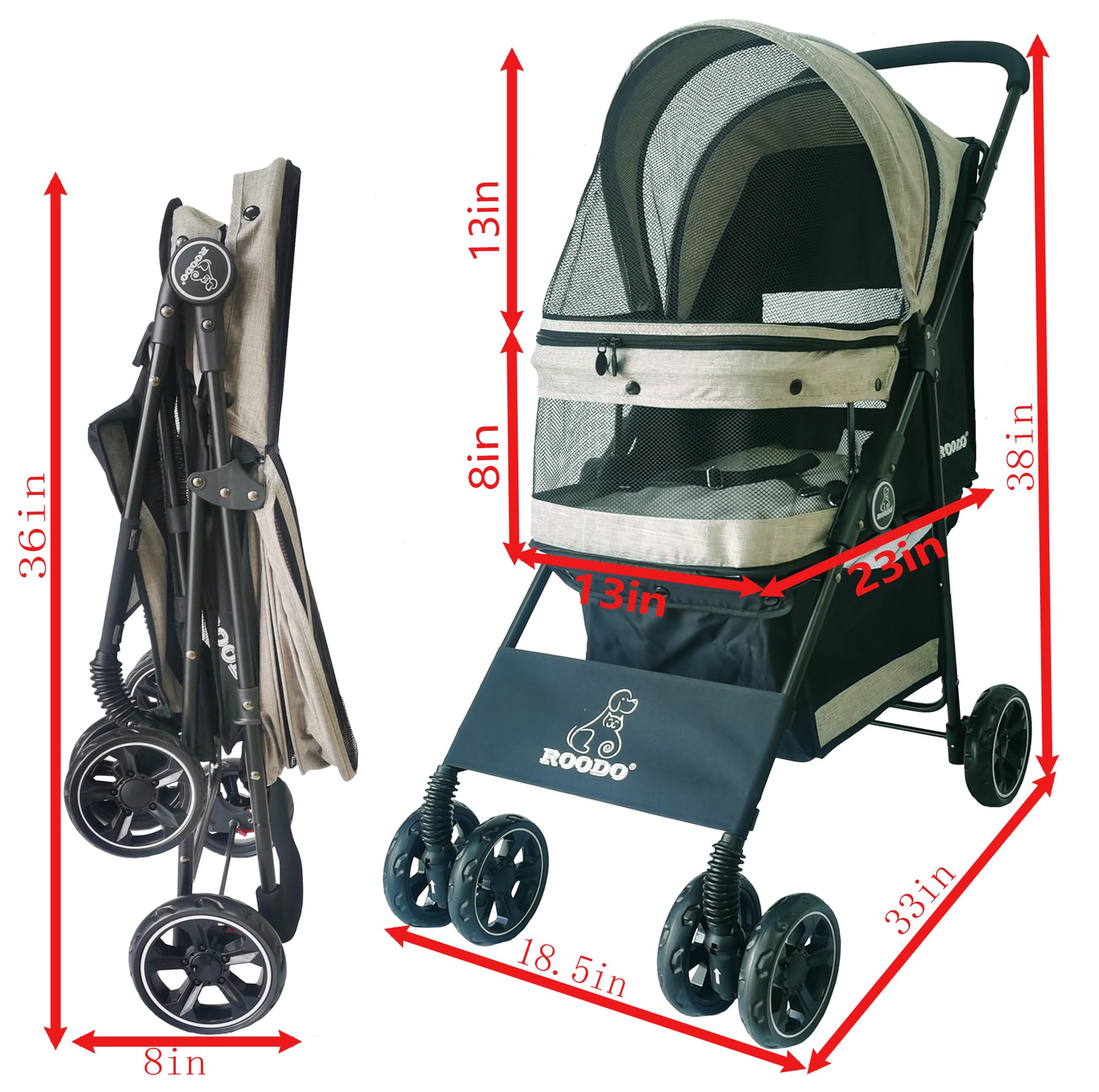 ROODO 4 Wheel All-Terrain Pet Stroller - Lightweight Foldable Compact Travel Jogger for Small/Medium Dogs & Cats up to 30lbs (Light Khaki) | Perfect for Outdoor Walks, Shopping Trips & Vet Visits