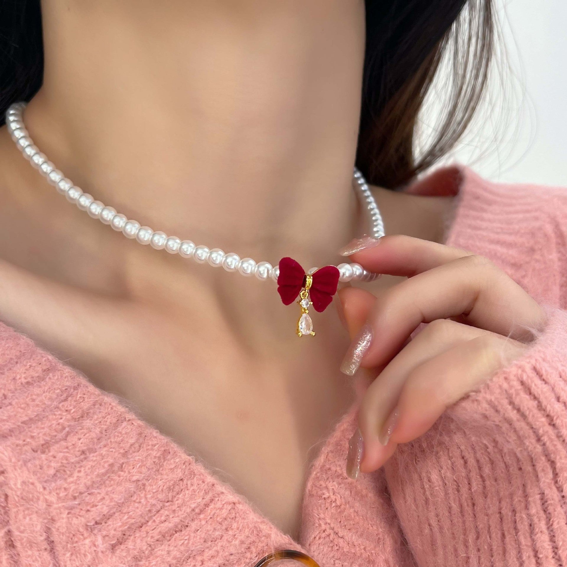 Elegant Red Bow Pearl Beaded Choker Necklace for Women - Vintage Fashion Jewelry Gift for Brides, Prom, Parties & Special Occasions