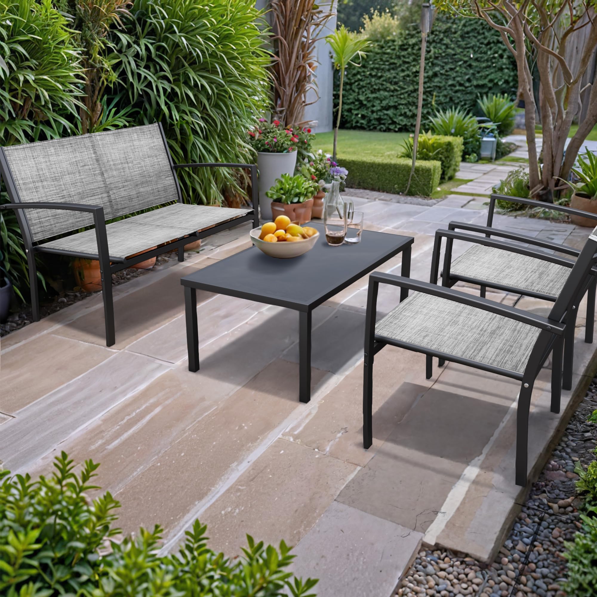 Rankok 4-Piece Modern Outdoor Patio Furniture Set - Textilene Wicker Conversation Set with Loveseat, 2 Chairs & Coffee Table - Waterproof & UV Resistant for Porch, Lawn, Poolside, Balcony or Backyard (Gray) - Perfect for Relaxing, Entertaining & Outdoor Dining