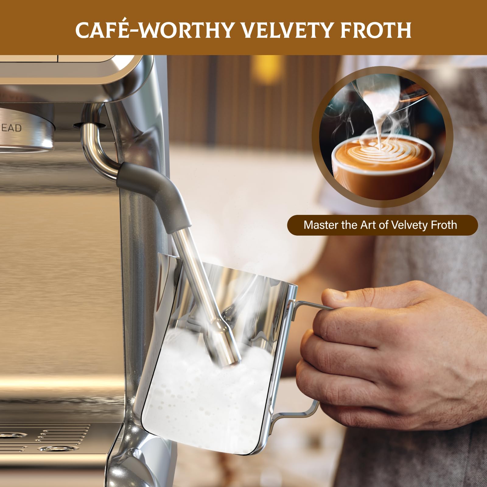 20 Bar Espresso Machine with Built-in Grinder & Steam Wand - Professional All-in-One Home Coffee Maker for Latte & Cappuccino, Light Gray - Perfect for Kitchen, Office & Small Spaces