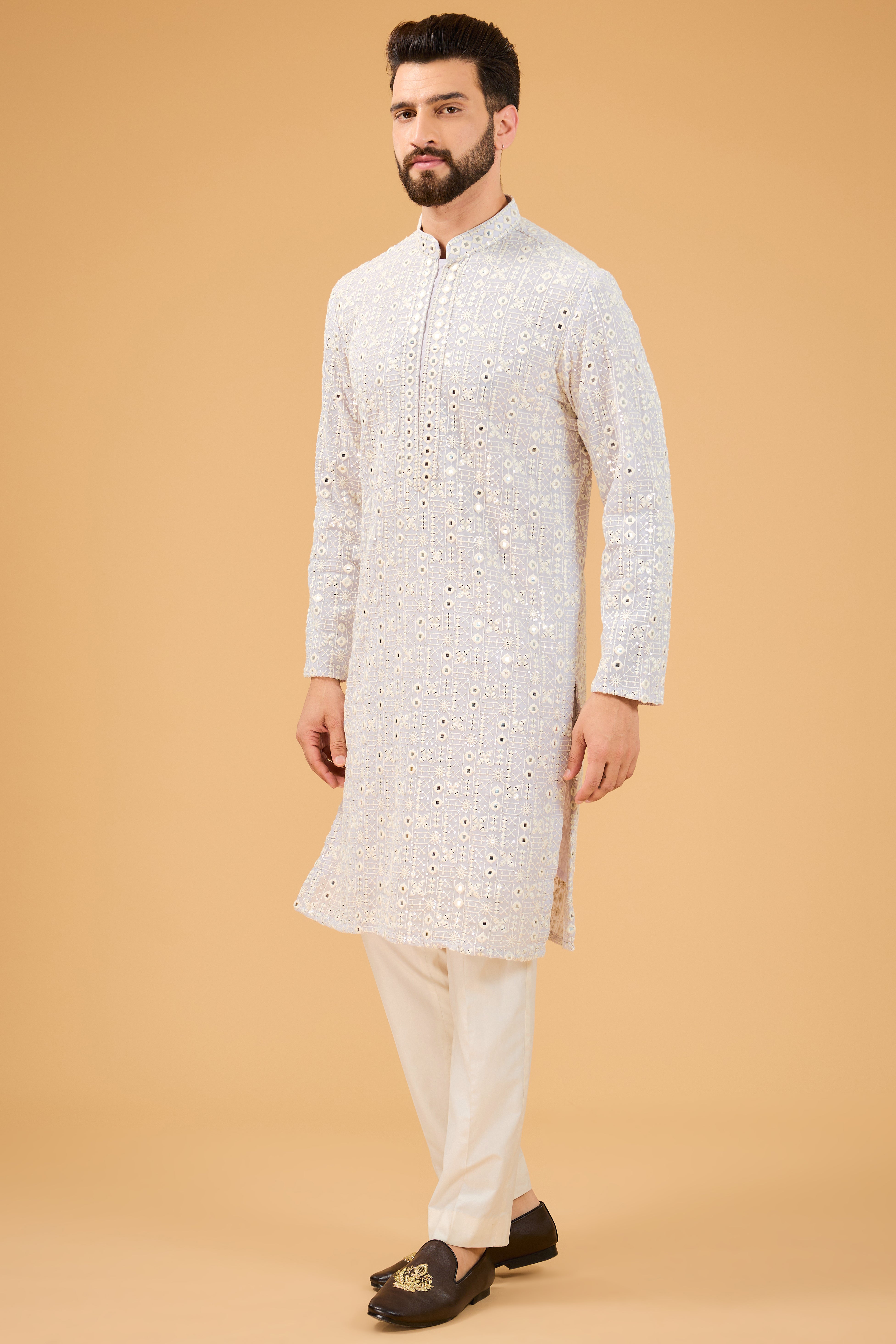 Lilac Mirror Work Kurta with Intricate Neckline - Elegant Embroidered Indian Tunic for Women - Perfect for Festivals, Weddings & Special Occasions