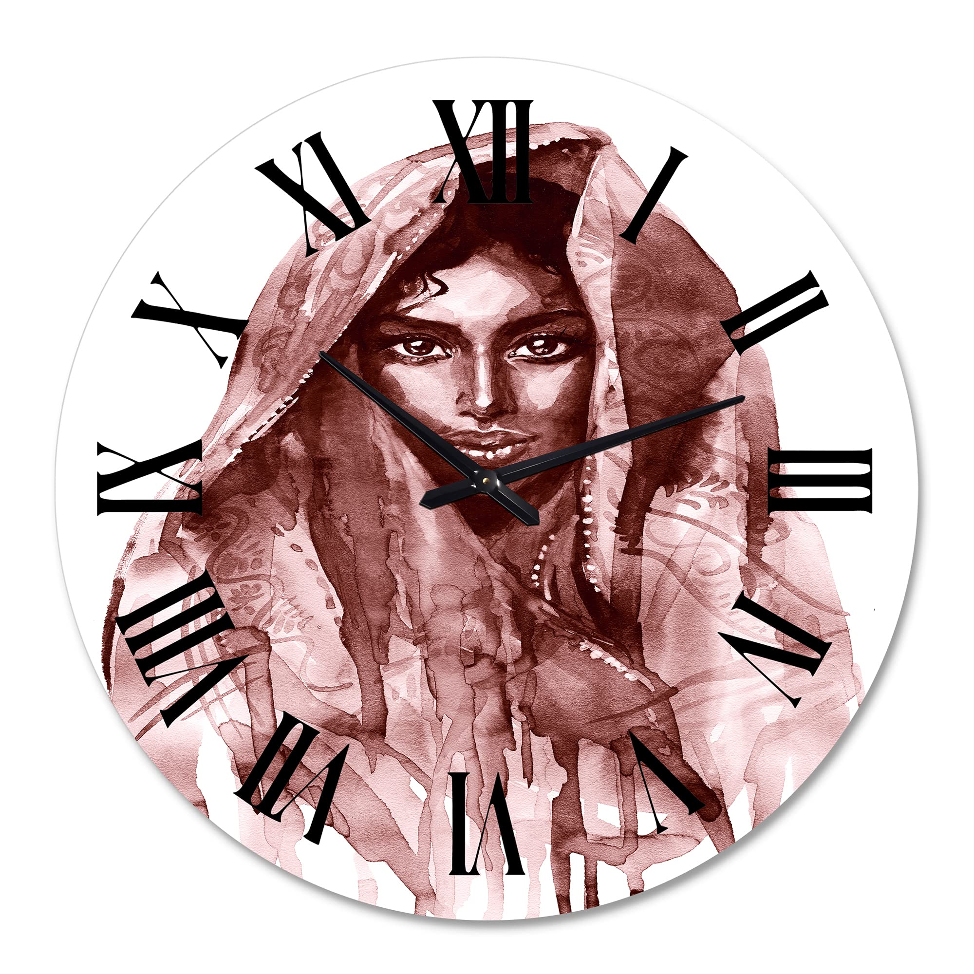 DesignQ Modern Wall Clock - Monochrome Portrait of Young Indian Woman II - Large Decorative Wall Clock for Bedroom, Living Room, Office - Unique Home Decor Gift Idea