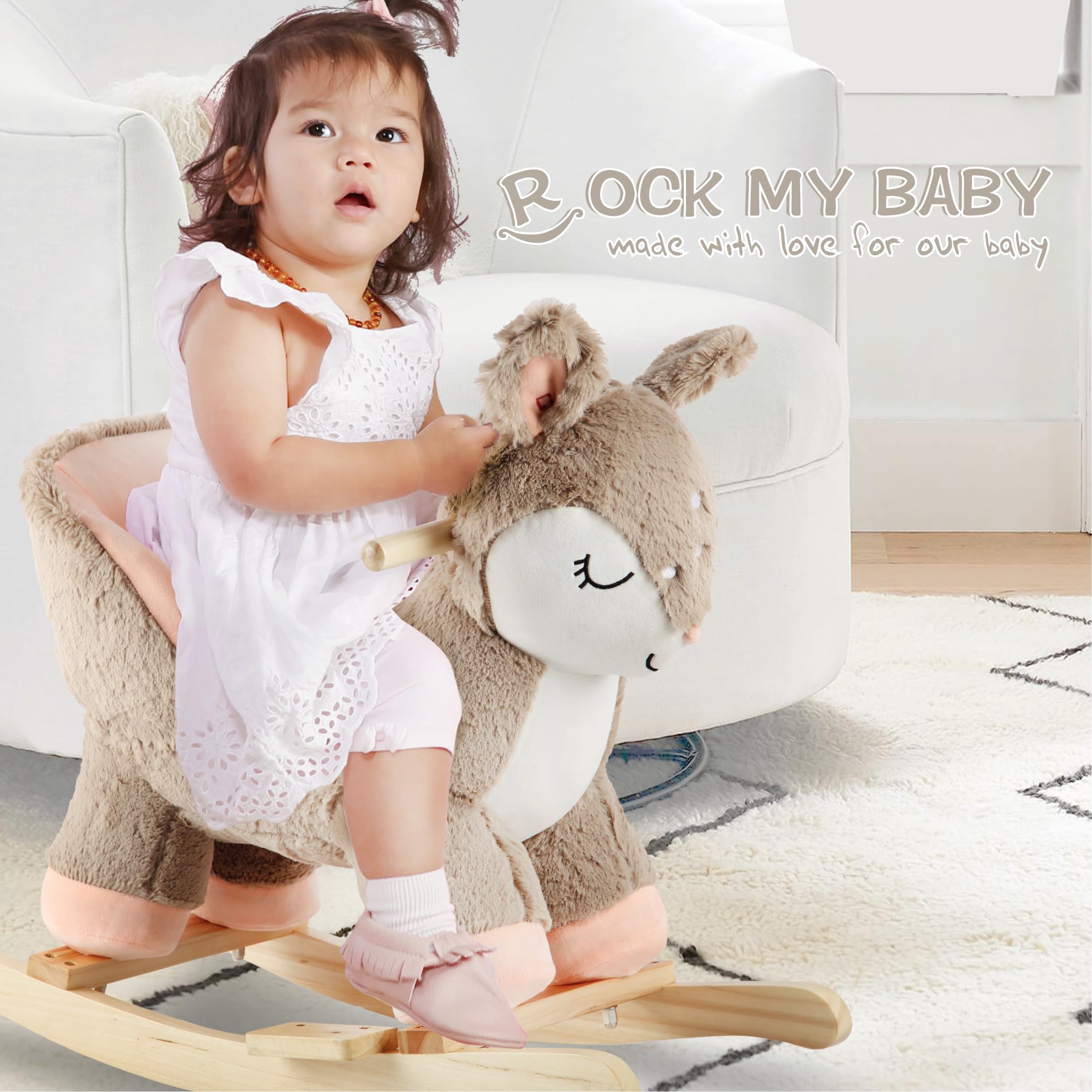 Plush Stuffed Deer Rocking Horse with Chair | Baby Rocker Toy with Sweet Music | Pink Ride-On Animal Toy for Toddlers | CPC Certified Safe | Perfect for Nursery, Playroom & Birthday Gifts