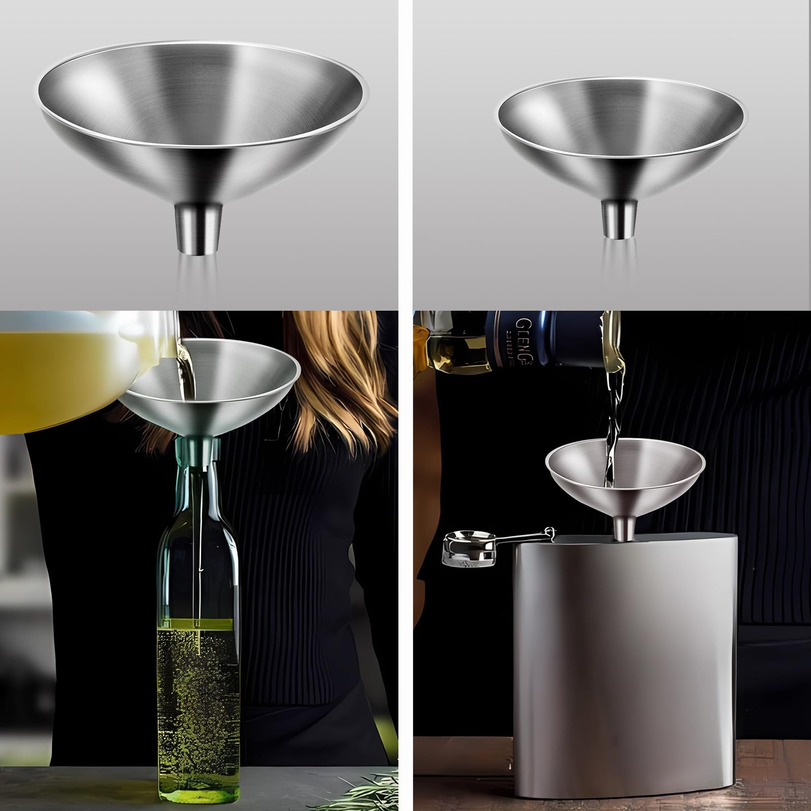 2-Piece Stainless Steel Filling Funnel Set - Mini & Large Kitchen Funnel for Essential Oils, Liquids, Spices - Perfect for Cooking, Baking, DIY Essential Oil Transfer, and Laboratory Use