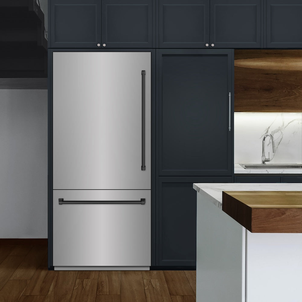 ZLINE Autograph Edition 36 Inch 19.8 Cu Ft Built-In Bottom Freezer Refrigerator with Water Dispenser & Ice Maker - Stainless Steel Matte Black Accents (RBITZ 304 36MB) - Perfect for Modern Kitchens & Open Concept Homes