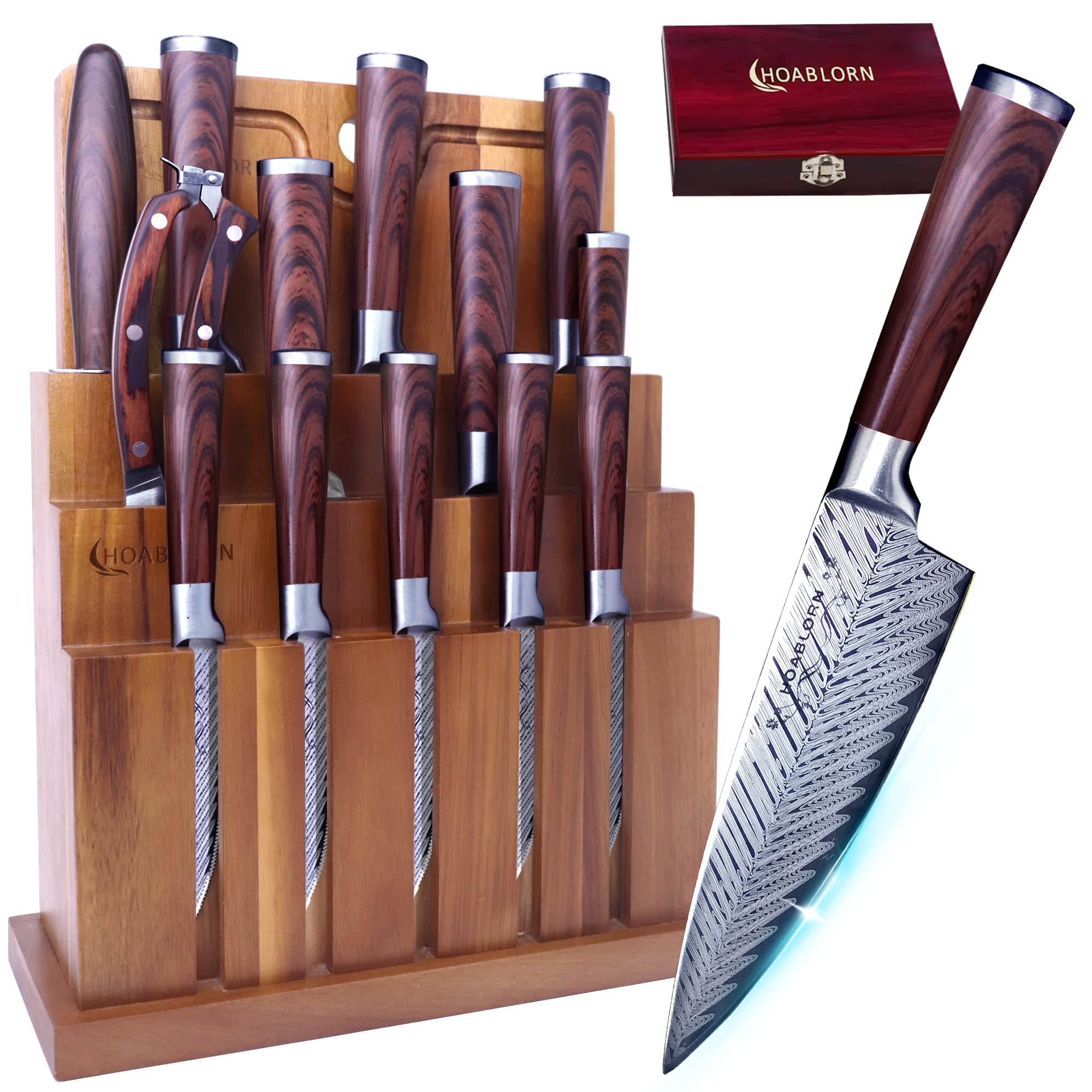 Premium German Stainless Steel 15-Piece Knife Set with Wooden Block & 5-Piece Wine Accessory Set - Forged Kitchen Knives for Home Chefs, Perfect for Cooking, Entertaining & Gifting