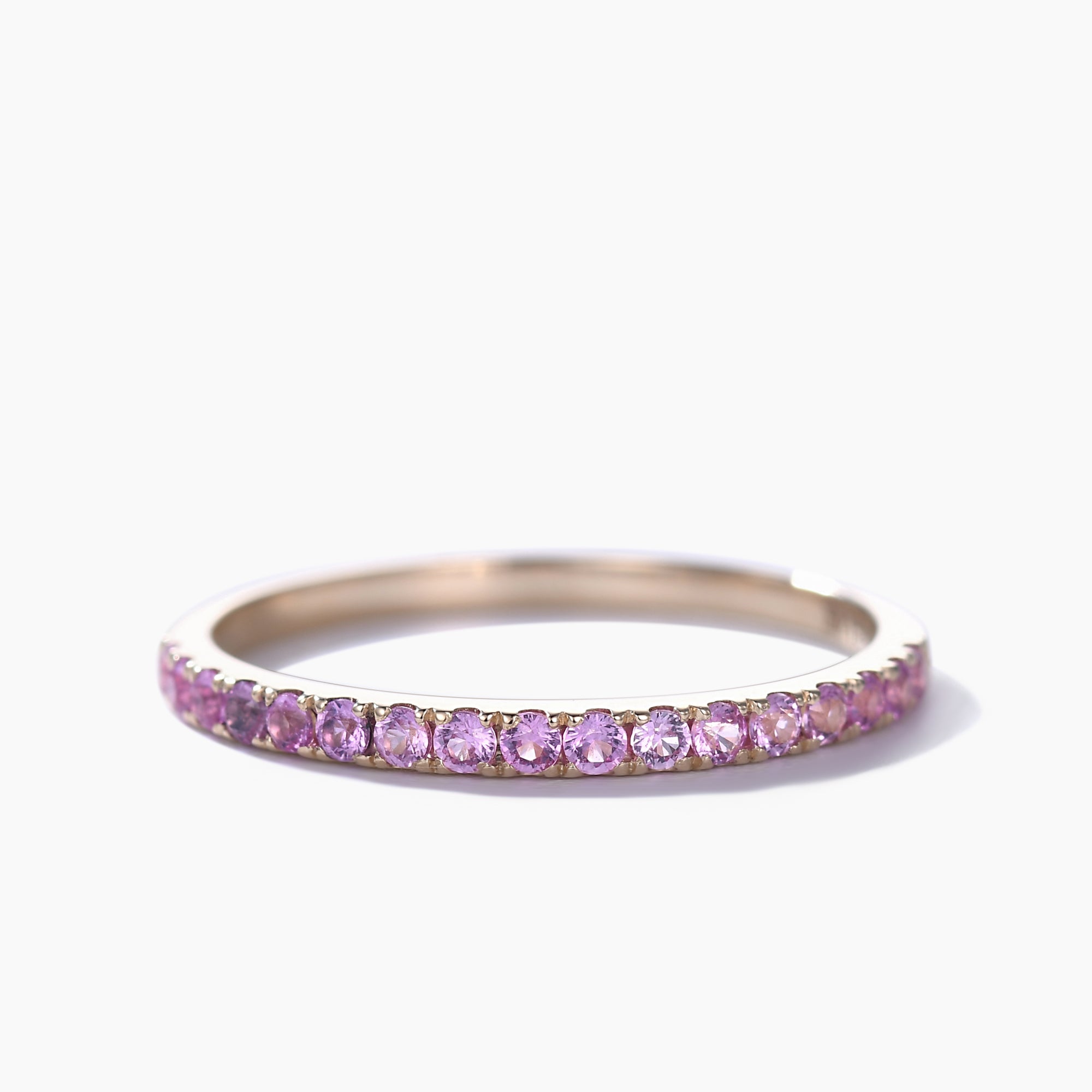 Pink Sapphire Wedding Band Ring - 14K Rose Gold Half Eternity Ring with 2mm Pave Diamonds | Elegant Bridal Jewelry for Engagement, Anniversary & Special Occasions