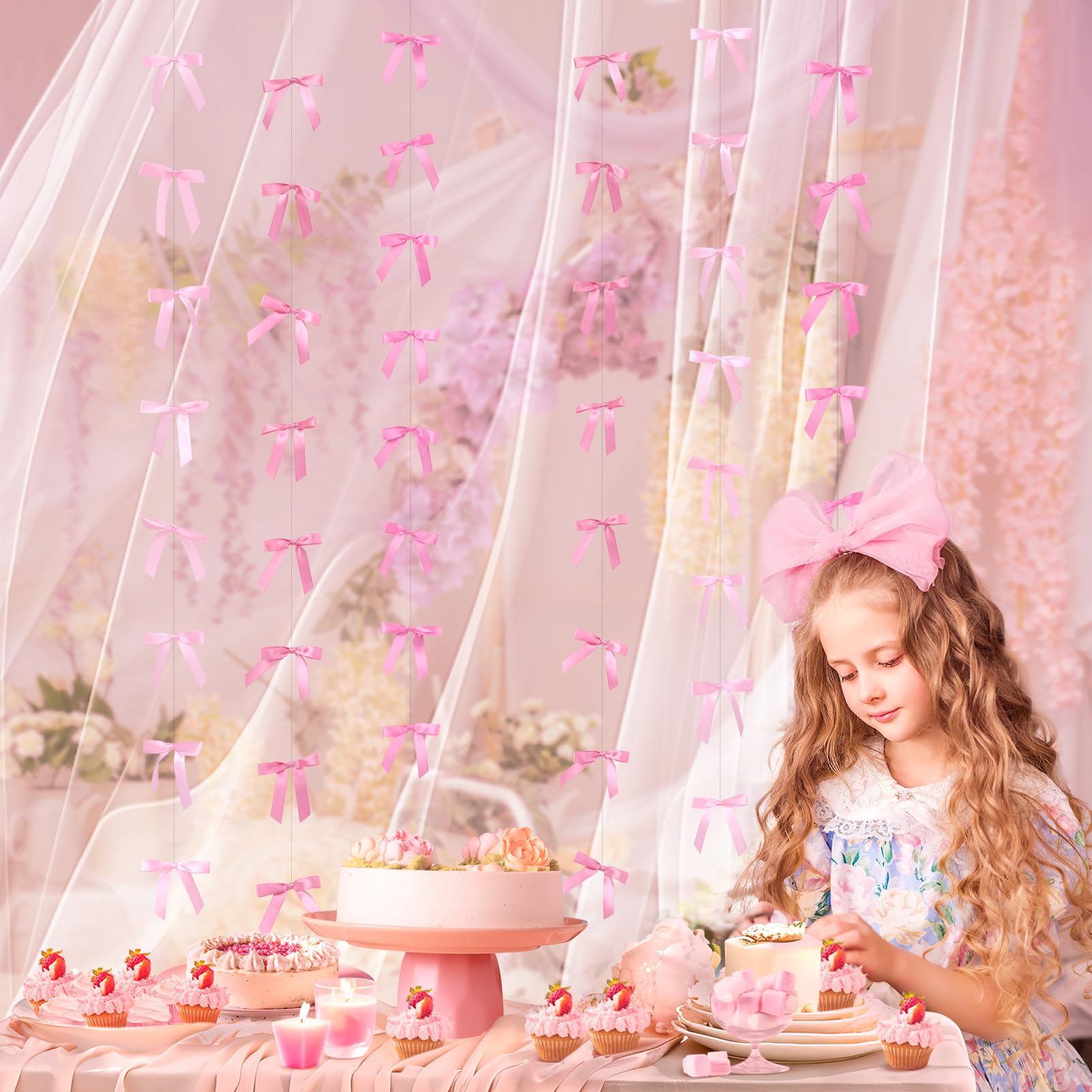 Elegant Pink Satin Ribbon Bow Garland - Perfect for Birthday Parties, Baby Showers, Bridal Showers & Bachelorette Decorations - Girls Party Decor, Wedding & Celebration Hanging Bows