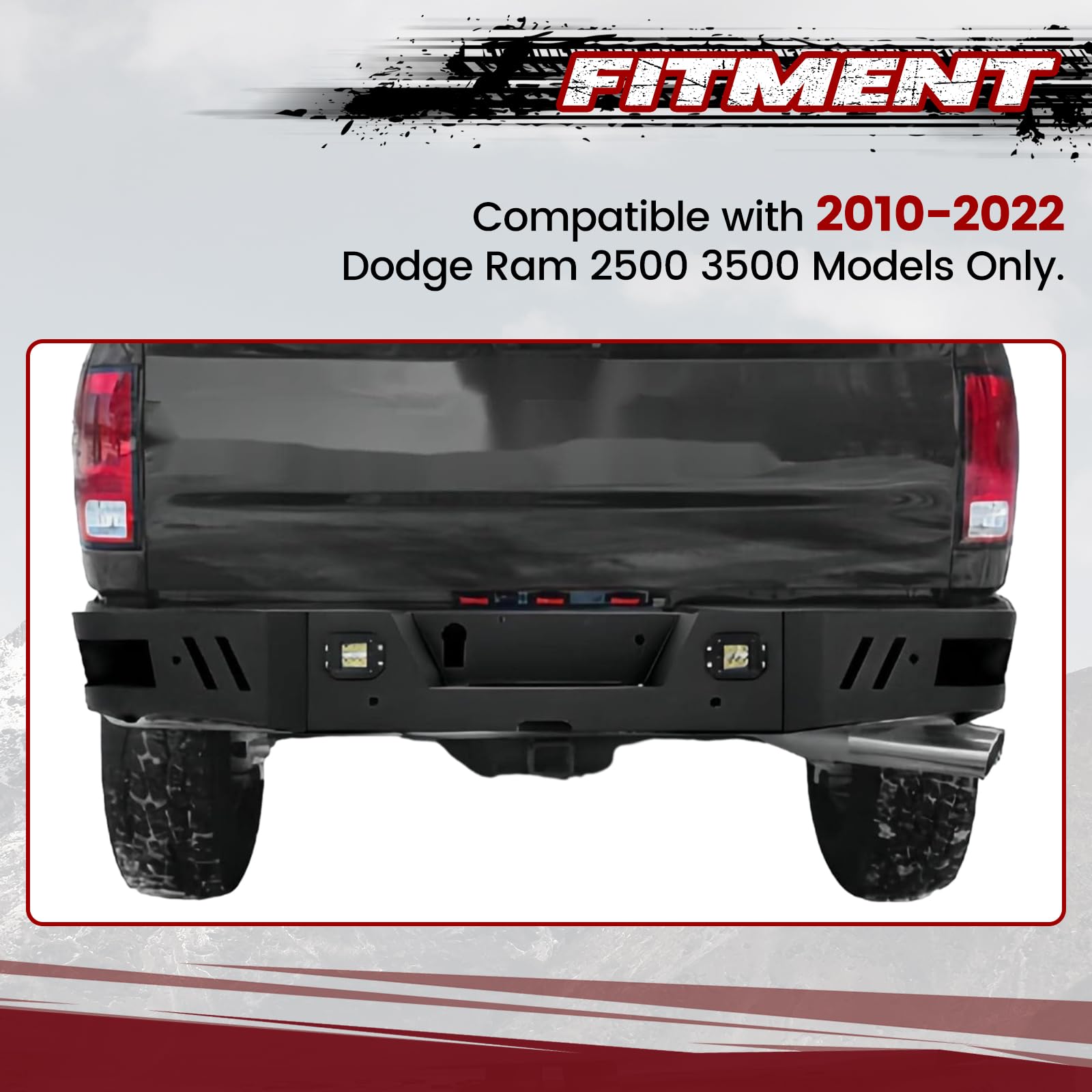 HECASA Heavy Duty Steel Rear Bumper with 2x18W LED Lights for 2010-2022 Dodge Ram 2500 3500 | Black Powder Coated Off-Road Bumper | Perfect for Truck Protection & Off-Road Adventures (2-Pack)