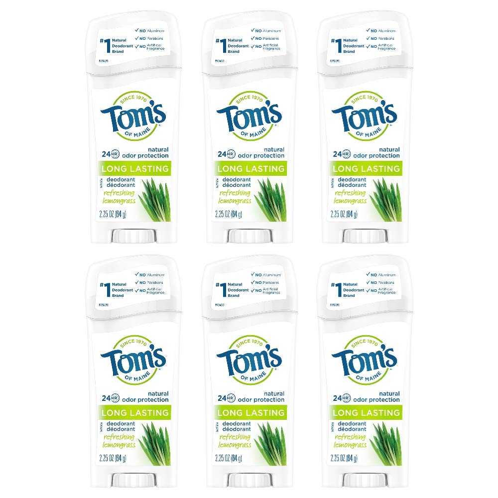 Tom's of Maine Natural Long Lasting Deodorant for Women & Men - Refreshing Lemongrass Scent, 2.25 Oz (Pack of 6) | Aluminum-Free, Cruelty-Free & Vegan | Daily Freshness for Active Lifestyles