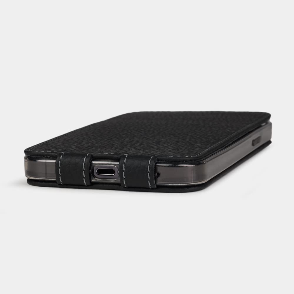 Premium Ultra Thin Leather Folio Case for iPhone 13 Pro - Patented Design - Handcrafted in France - Black - Perfect for Business & Travel Protection