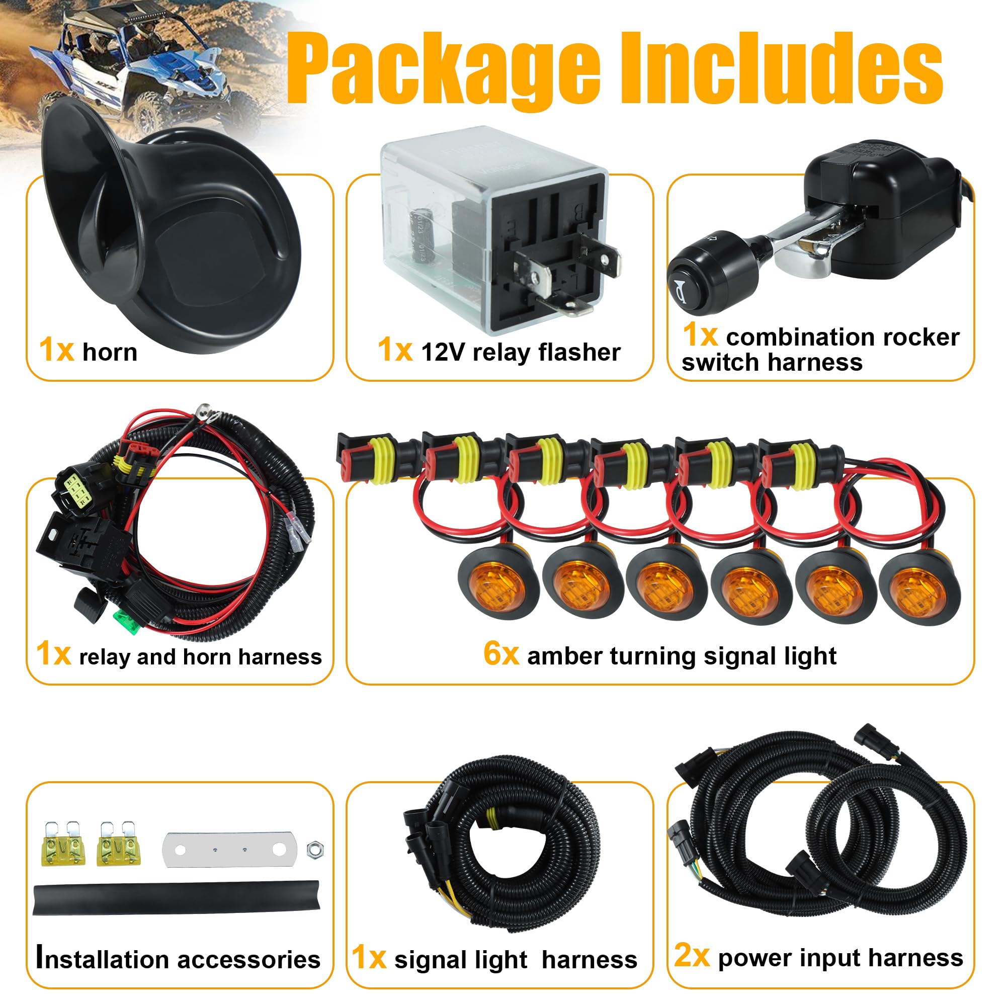Universal UTV ATV Turn Signal Kit with Column Switch - Amber LED Blinker Kit for Polaris, Pioneer, Talon, Can-Am, Kawasaki, Arctic Cat - Plug & Play Street Legal Accessory for Off-Road Safety & Night Riding