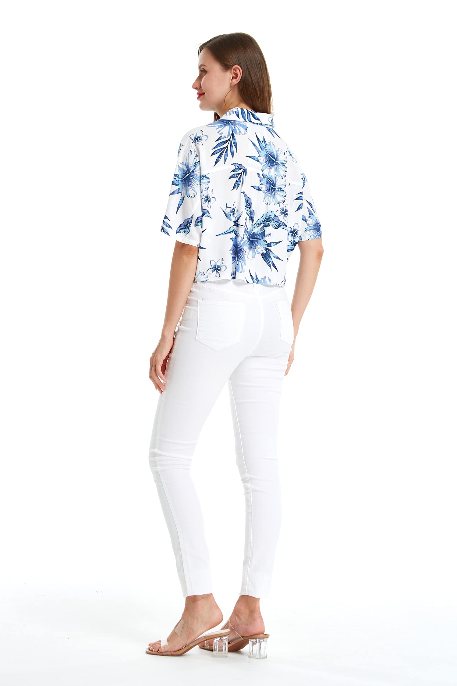 Women's Hawaiian Floral Tie Front Crop Top Aloha Shirt - Hibiscus Print Summer Beach Vacation Outfit for Women